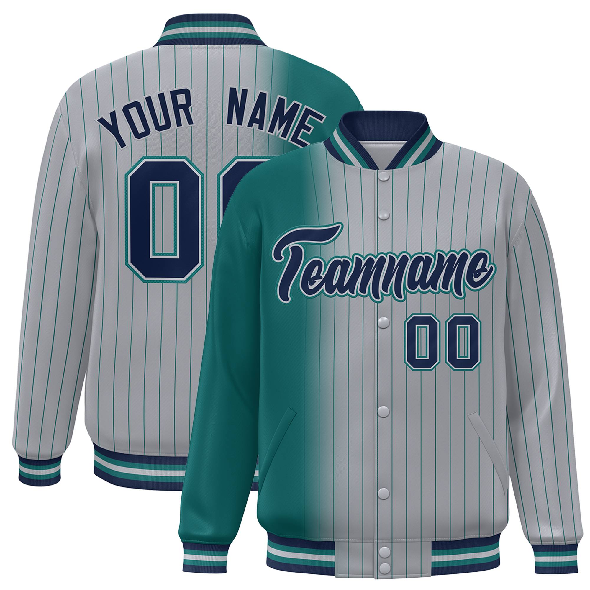 Custom Gray Teal Pinstripe Navy-Teal Gradient Fashion Varsity Full-Snap Jacket