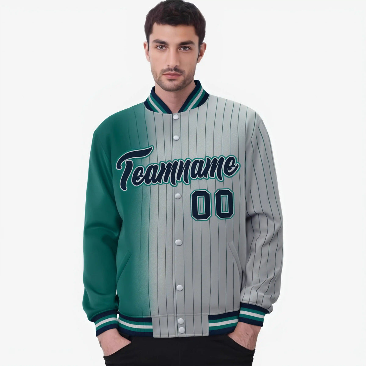 Custom Gray Teal Pinstripe Navy-Teal Gradient Fashion Varsity Full-Snap Jacket