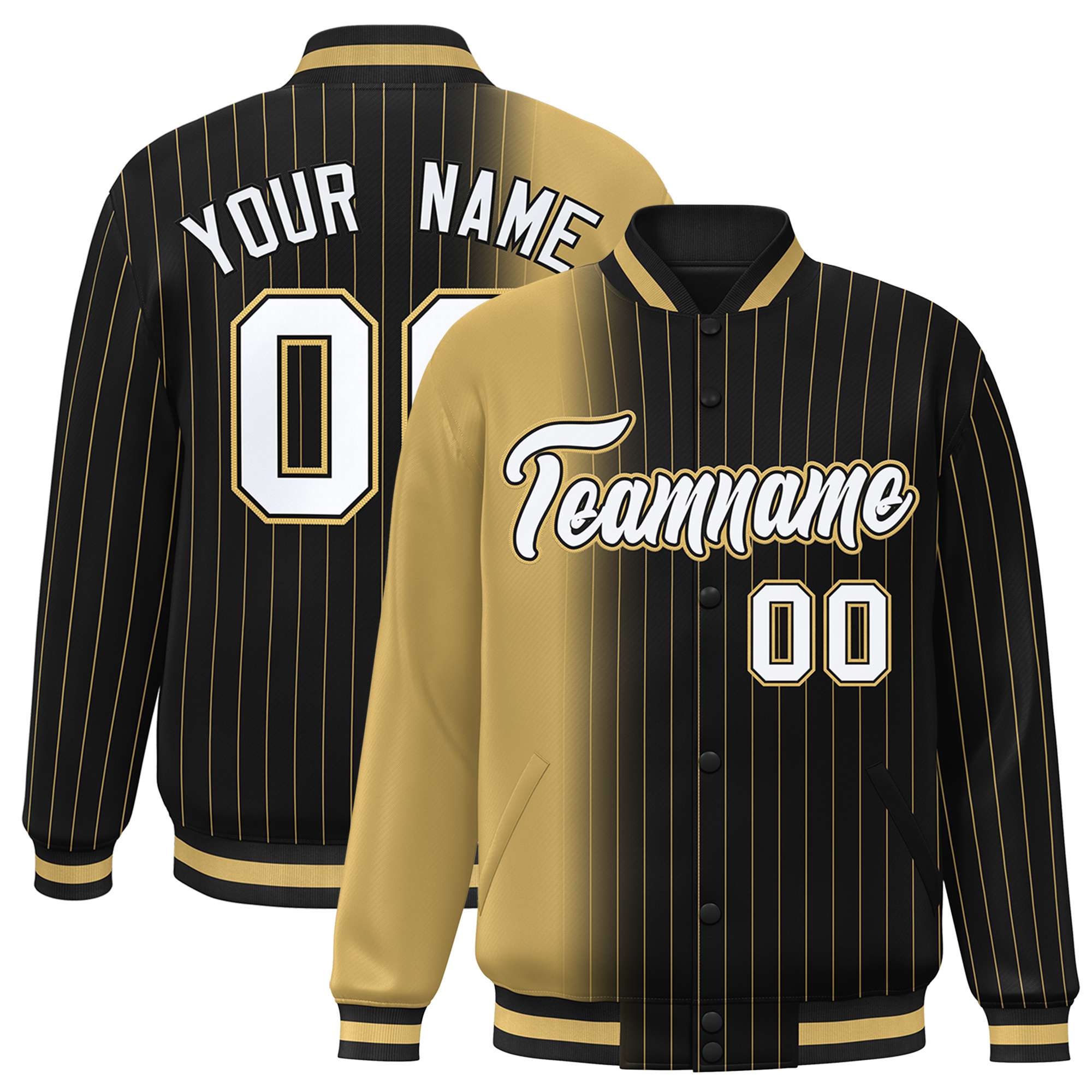 Custom Black Old-Gold Pinstripe White-Old Gold Gradient Fashion Varsity Full-Snap Jacket