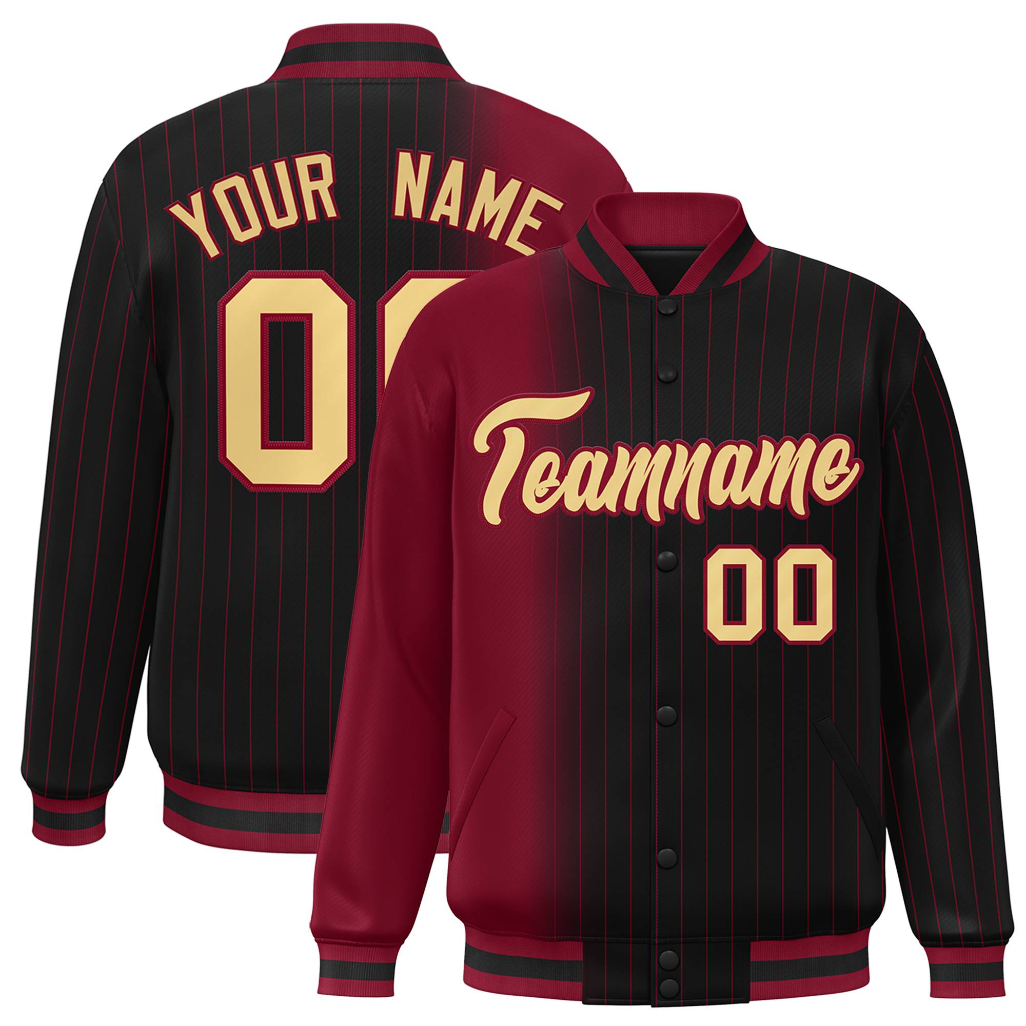 Custom Black Crimson Pinstripe Old Gold-Crimson Gradient Fashion Varsity Full-Snap Jacket