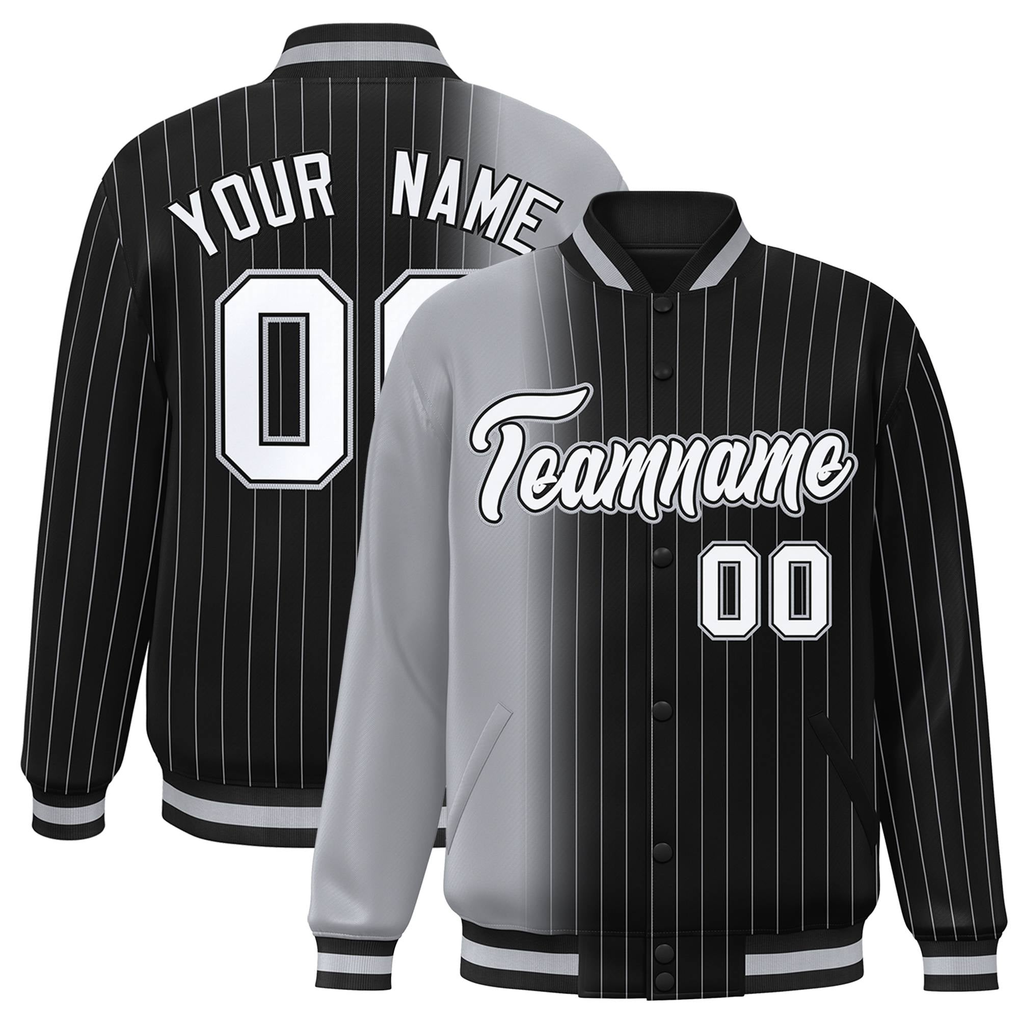 Custom Black Gray Pinstripe White-Gray Gradient Fashion Varsity Full-Snap Jacket