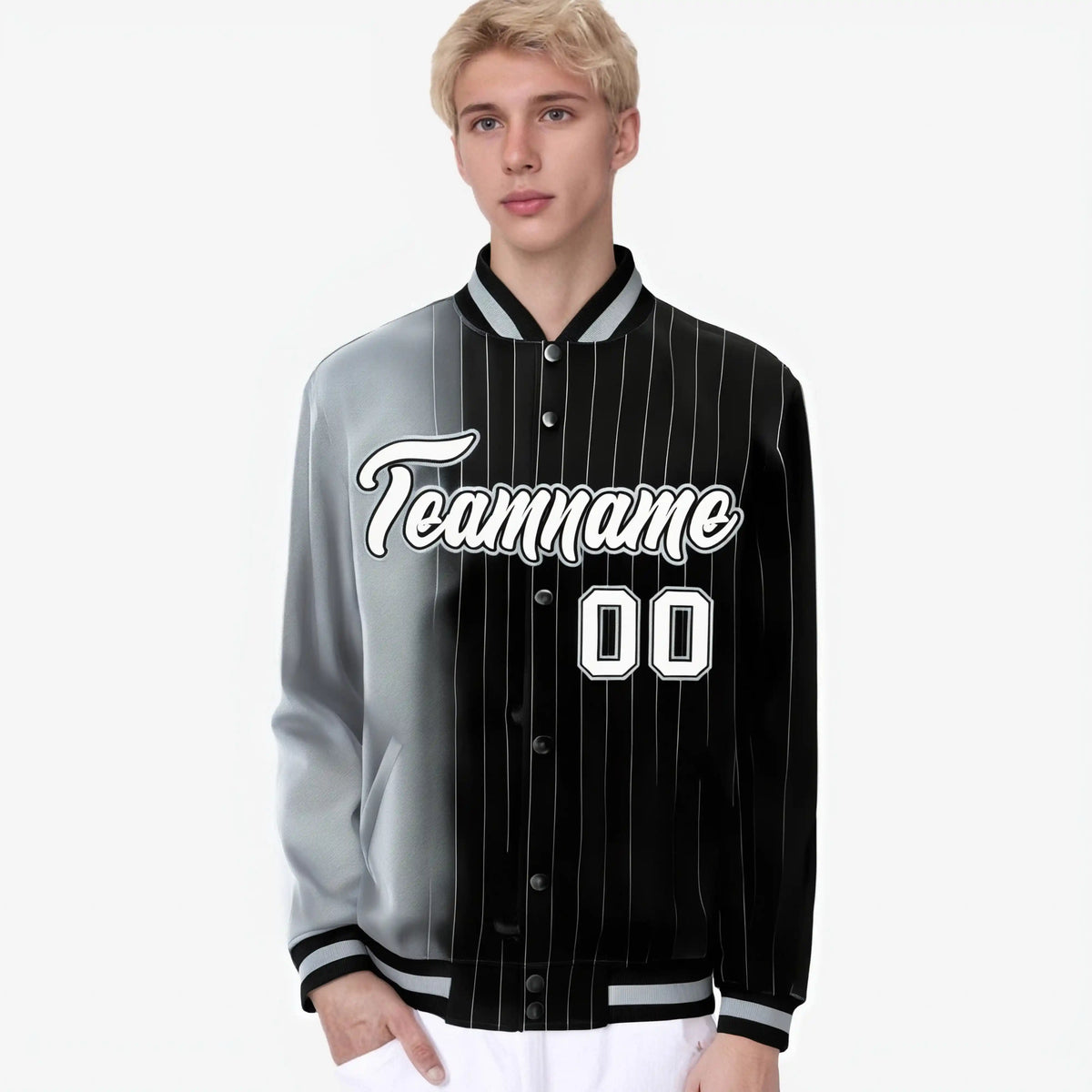 Custom Black Gray Pinstripe White-Gray Gradient Fashion Varsity Full-Snap Jacket
