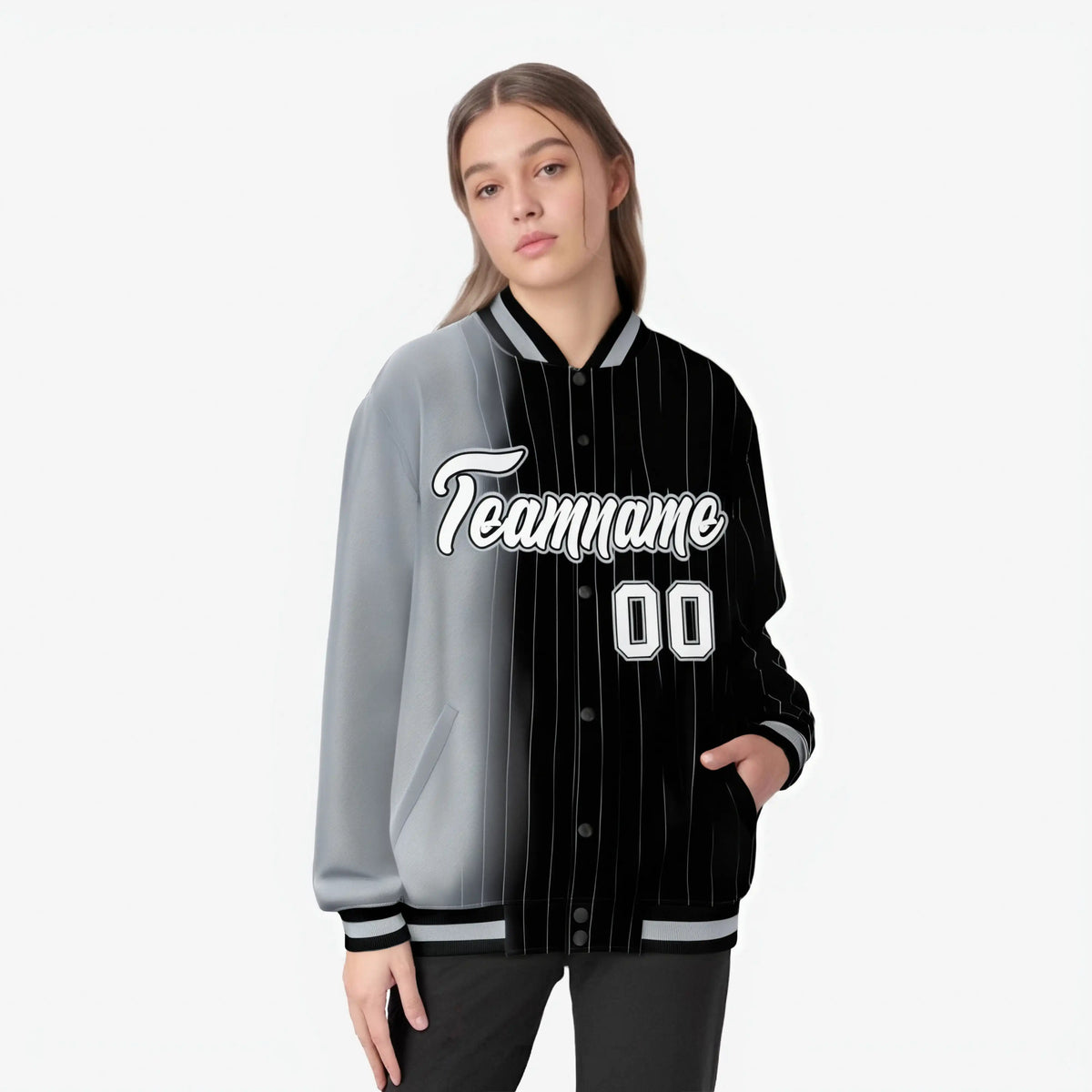 Custom Black Gray Pinstripe White-Gray Gradient Fashion Varsity Full-Snap Jacket