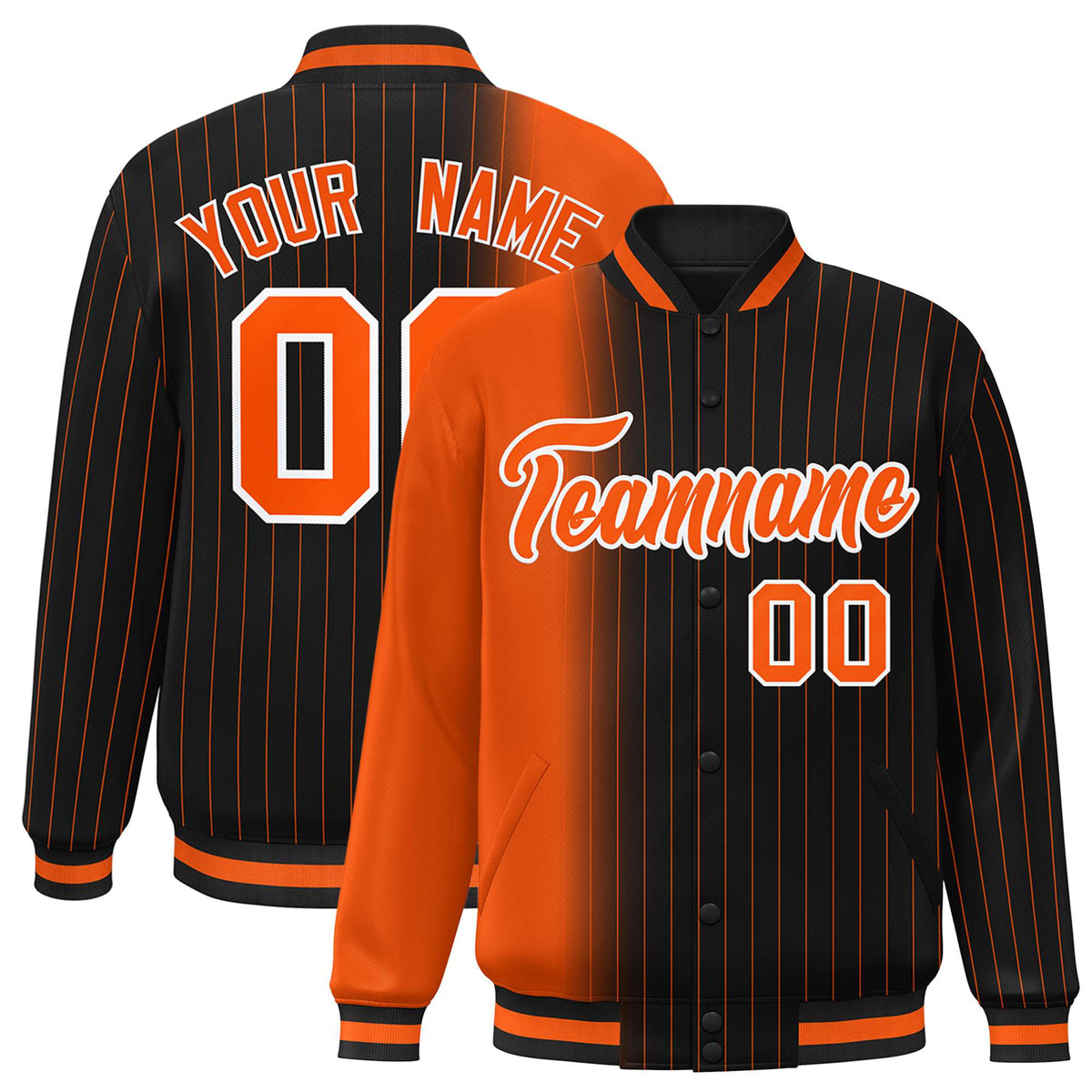 Custom Black Orange Pinstripe Orange-White Gradient Fashion Varsity Full-Snap Jacket