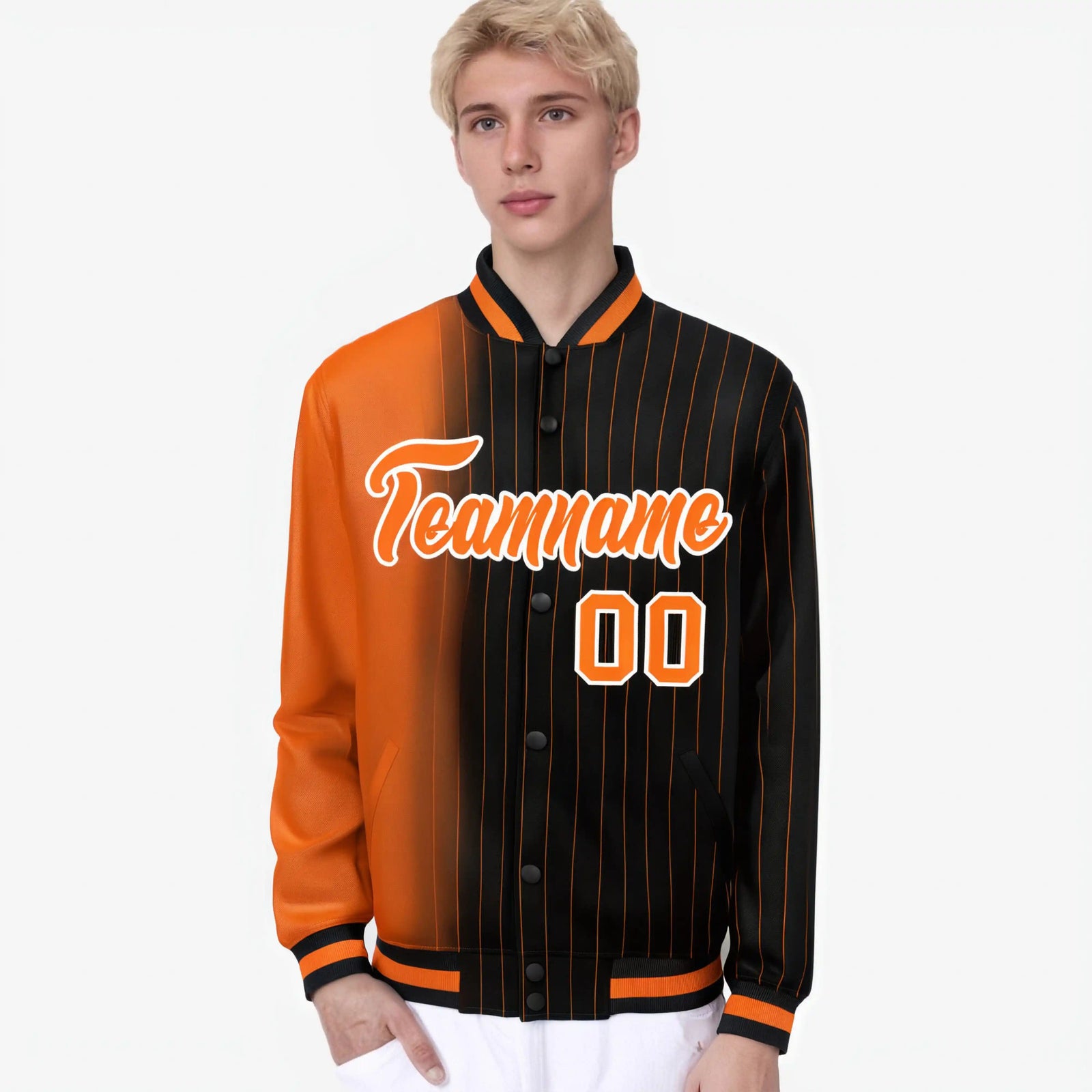 Custom Black Orange Pinstripe Orange-White Gradient Fashion Varsity Full-Snap Jacket
