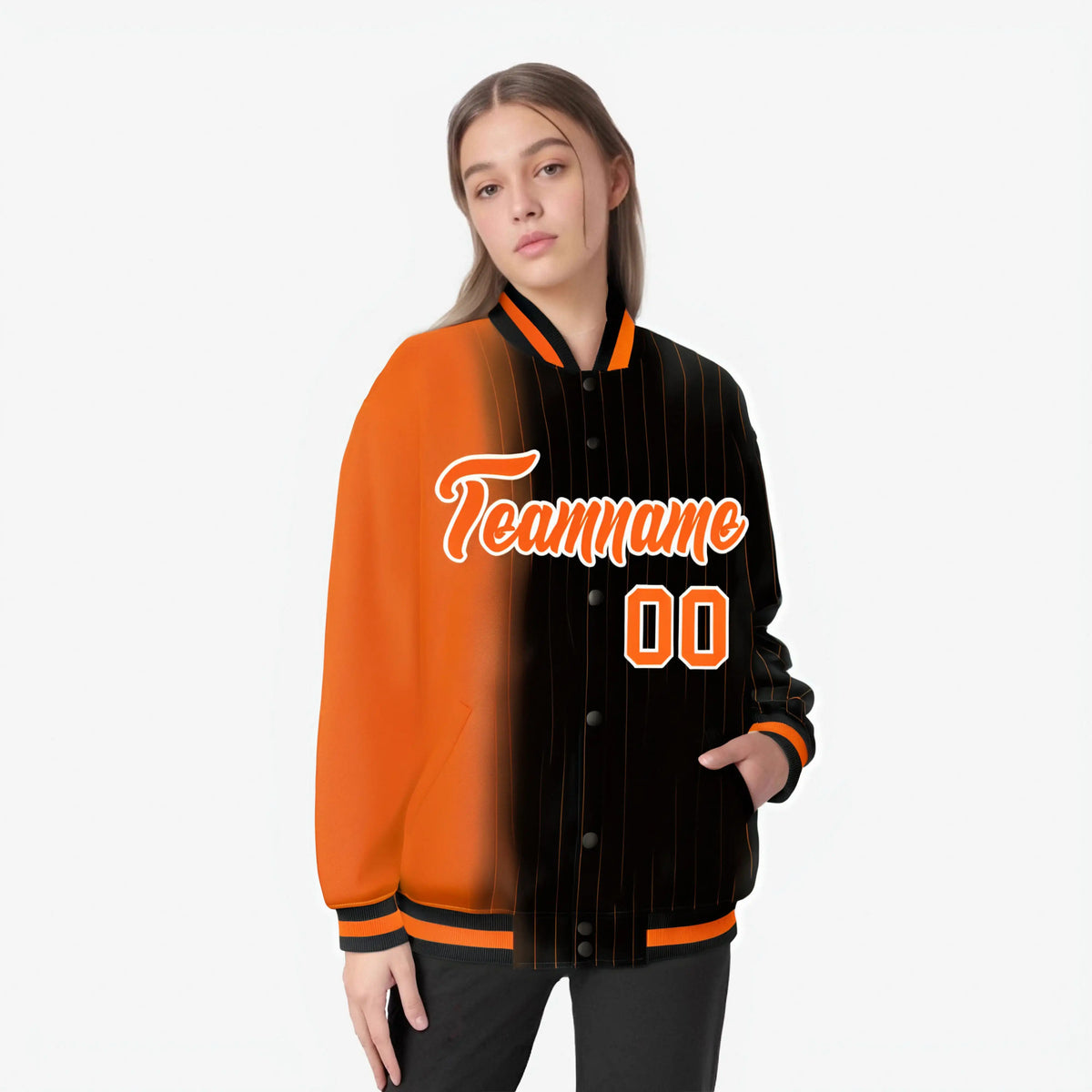 Custom Black Orange Pinstripe Orange-White Gradient Fashion Varsity Full-Snap Jacket