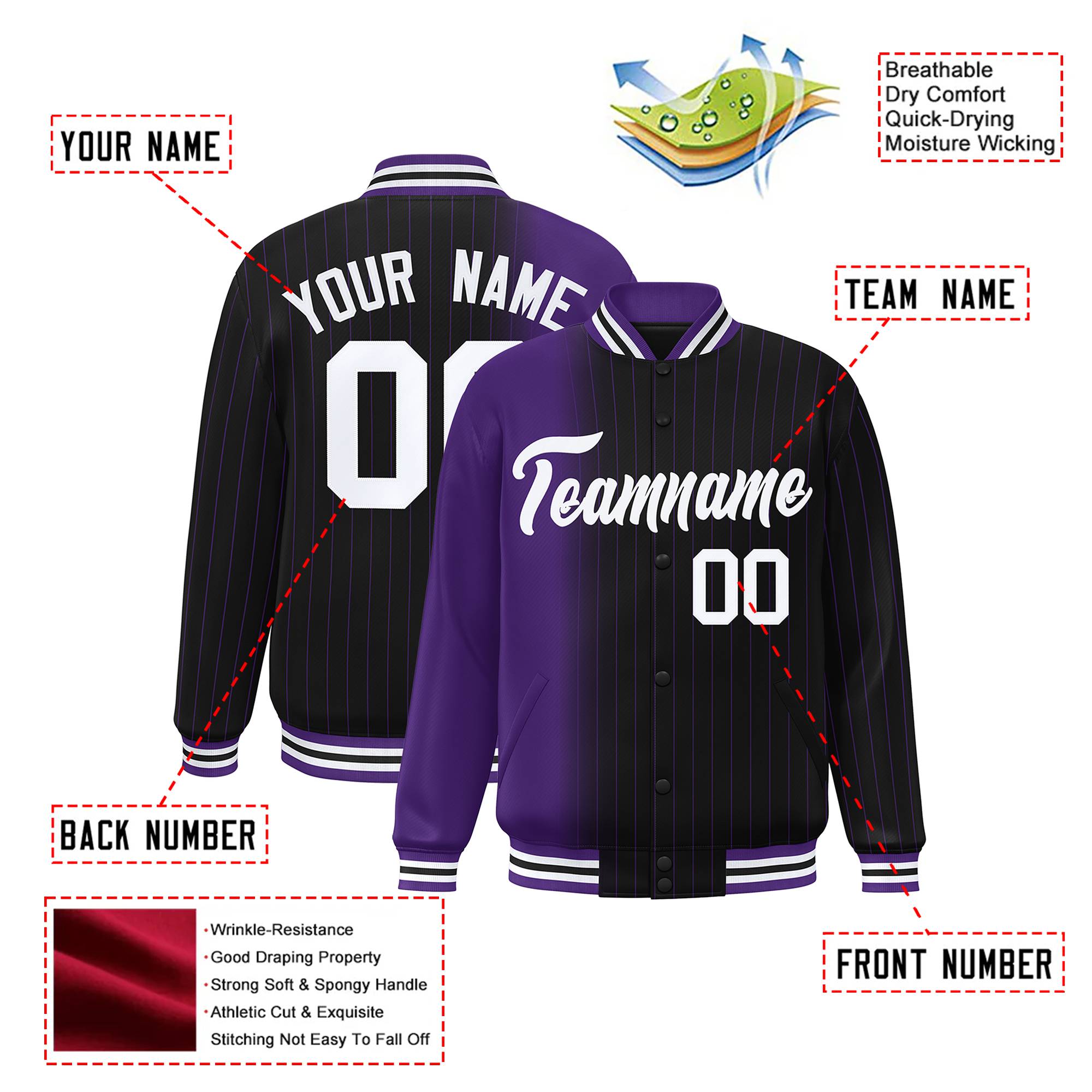 Custom Black Purple Pinstripe White-Purple Gradient Fashion Varsity Full-Snap Jacket