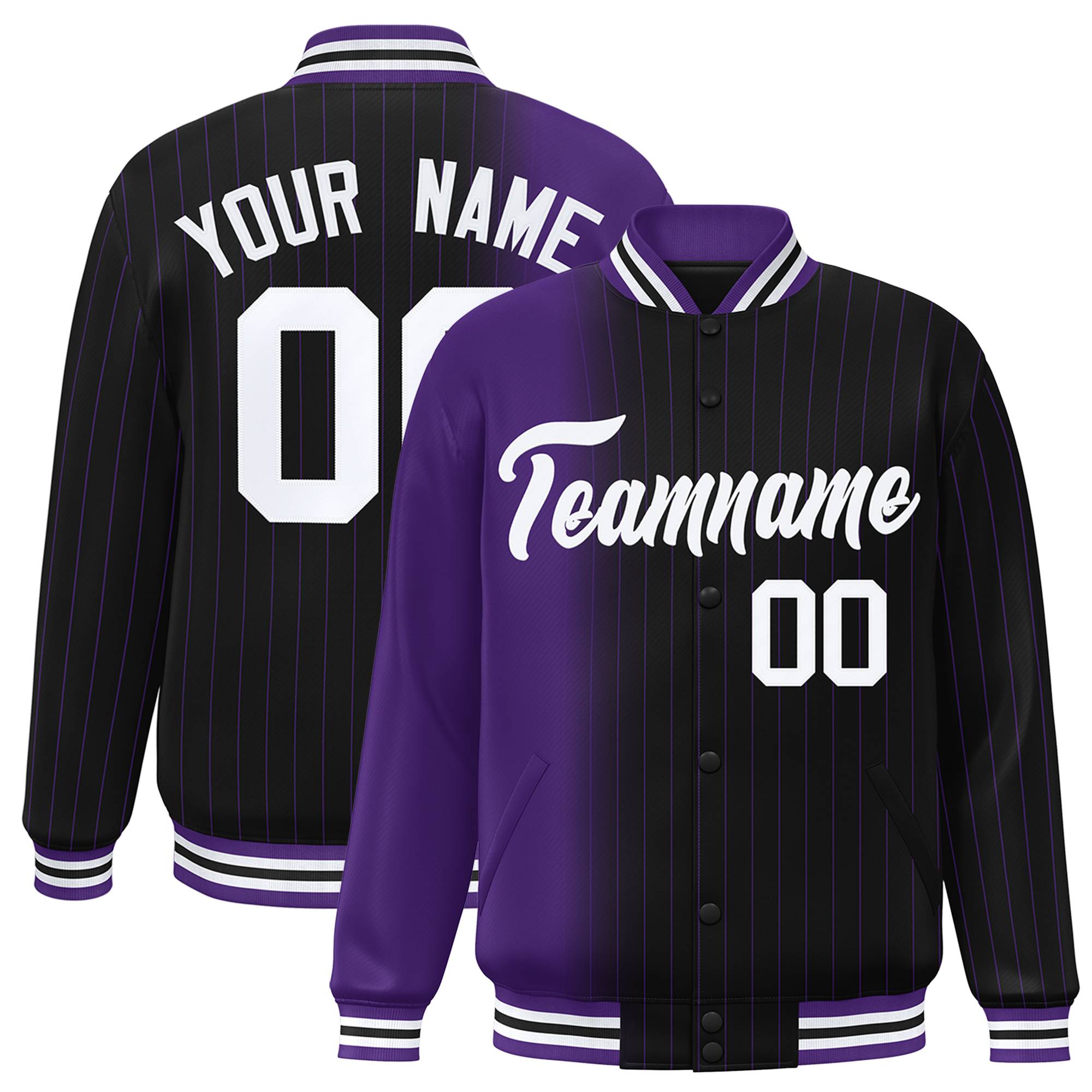 Custom Black Purple Pinstripe White-Purple Gradient Fashion Varsity Full-Snap Jacket