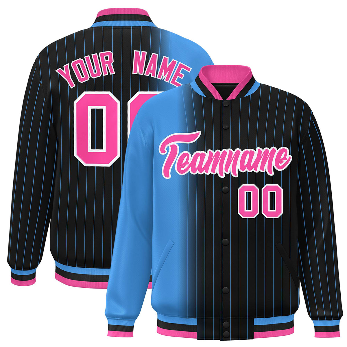 Custom Black Powder Blue Pinstripe Pink-Powder Blue Gradient Fashion Varsity Full-Snap Jacket