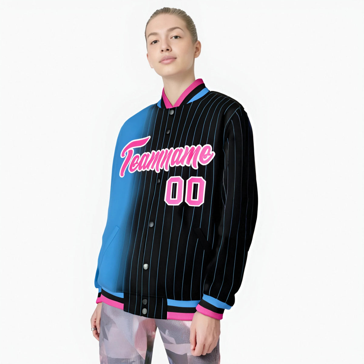 Custom Black Powder Blue Pinstripe Pink-Powder Blue Gradient Fashion Varsity Full-Snap Jacket
