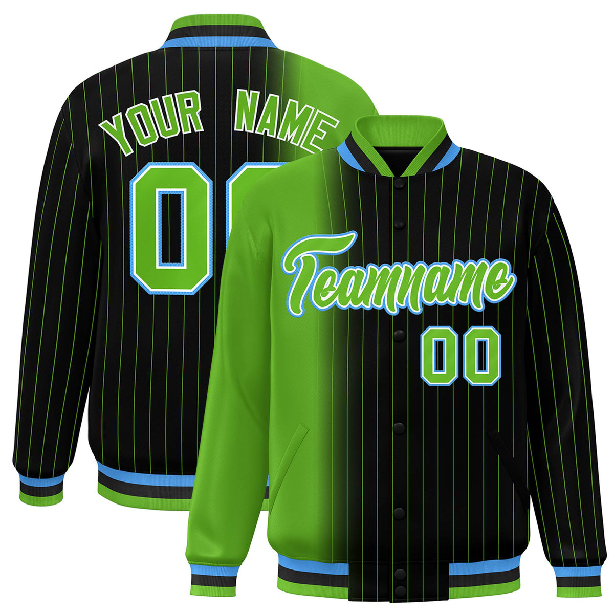 Custom Black Neon Green Pinstripe Powder Blue-Neon Green Gradient Fashion Varsity Full-Snap Jacket