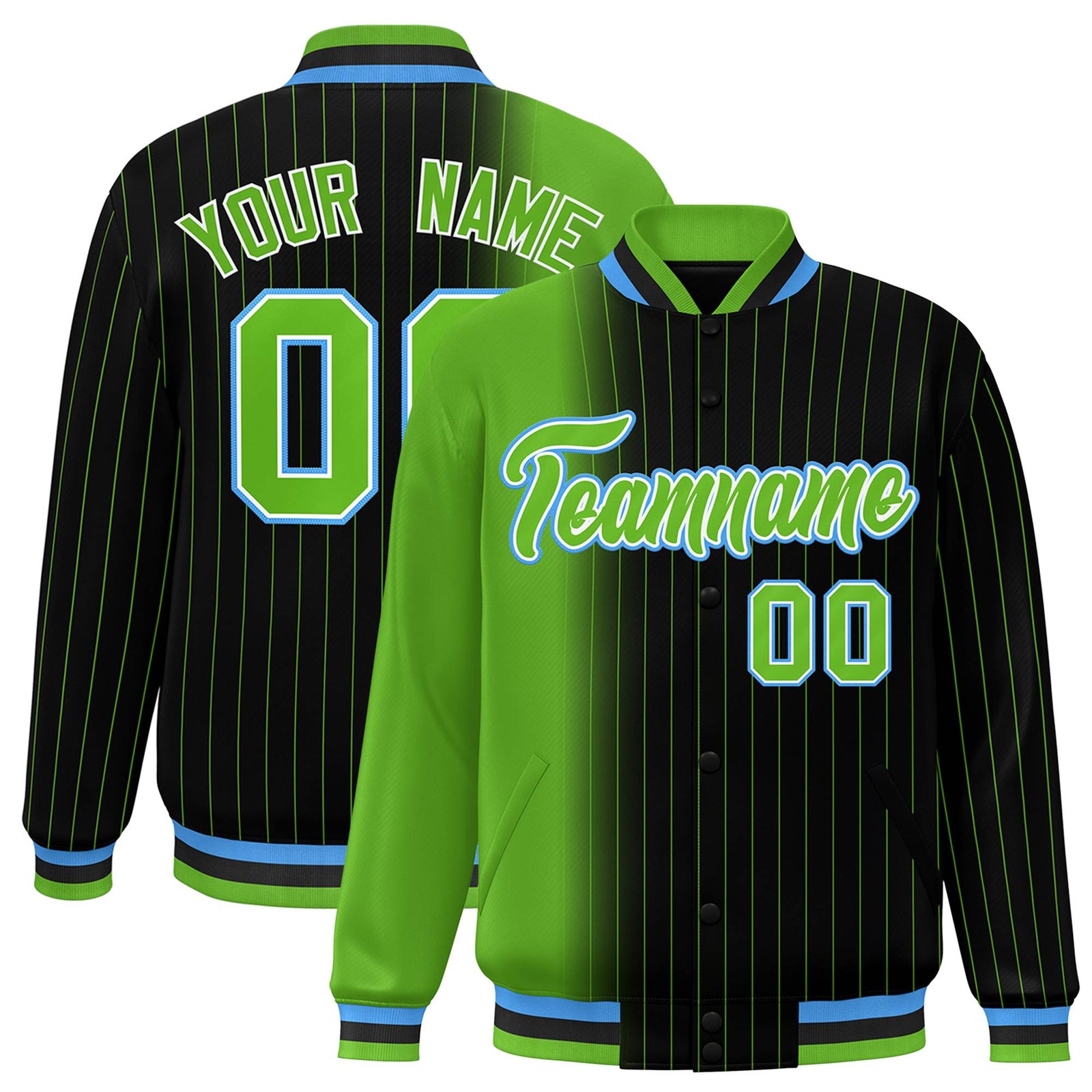 Custom Black Neon Green Pinstripe Powder Blue-Neon Green Gradient Fashion Varsity Full-Snap Jacket