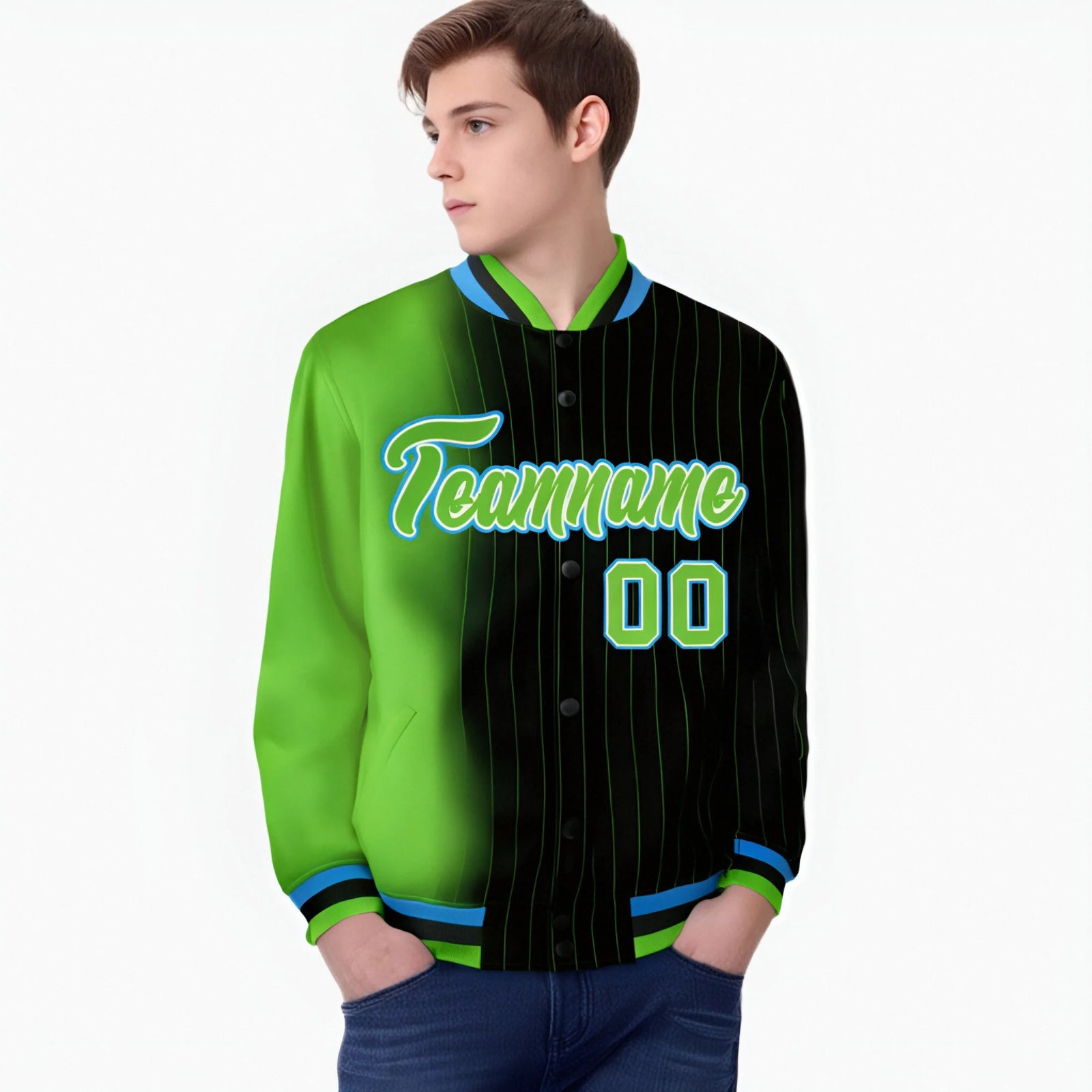 Custom Black Neon Green Pinstripe Powder Blue-Neon Green Gradient Fashion Varsity Full-Snap Jacket