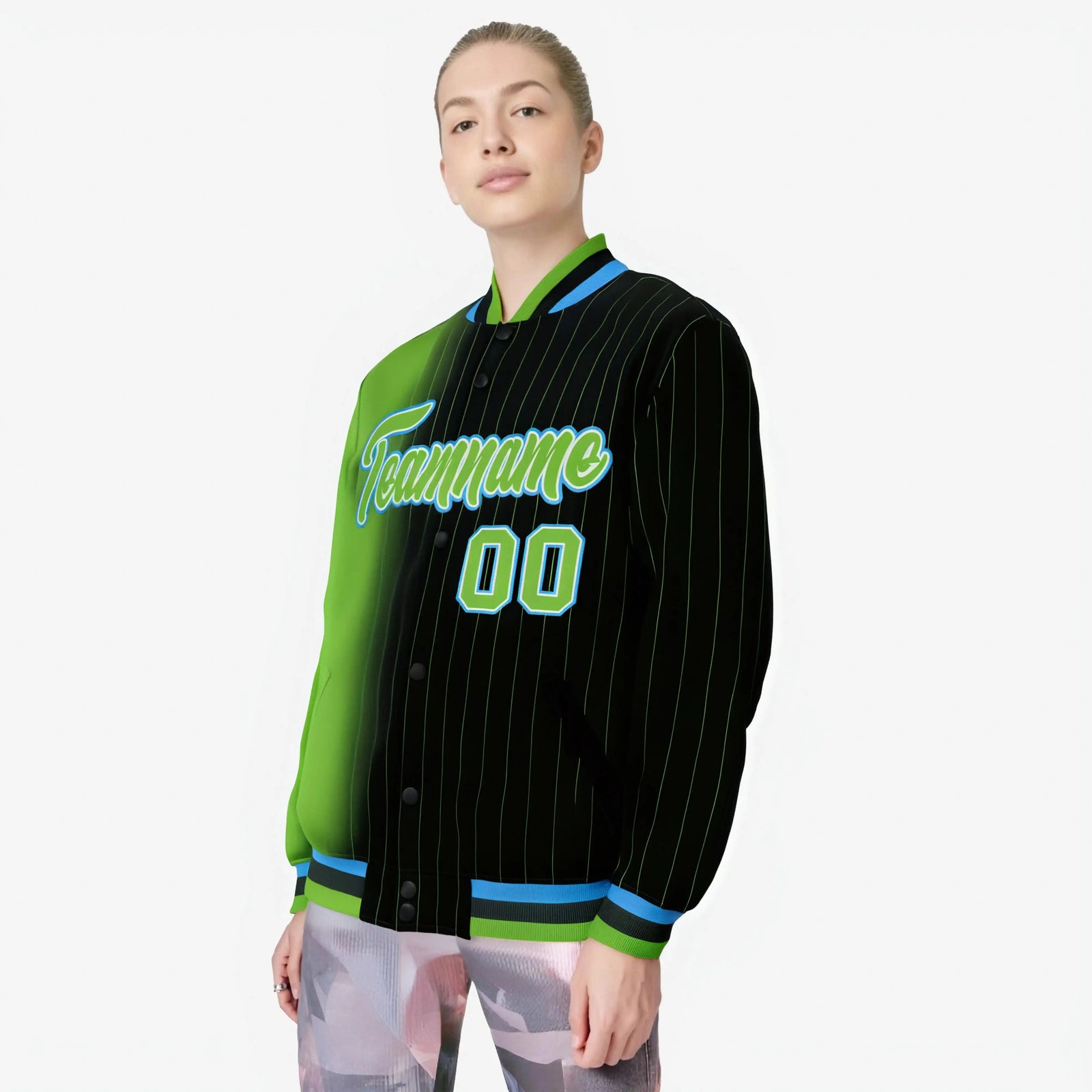 Custom Black Neon Green Pinstripe Powder Blue-Neon Green Gradient Fashion Varsity Full-Snap Jacket