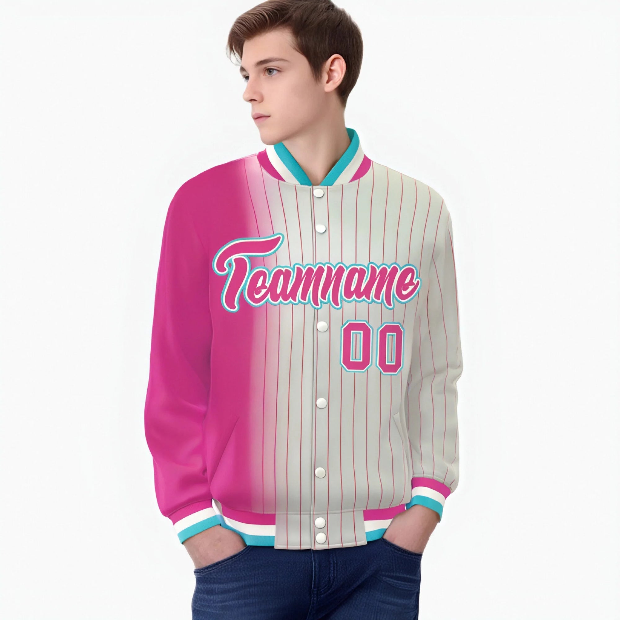 Custom Cream Pink Pinstripe Aqua-Pink Gradient Fashion Varsity Full-Snap Jacket