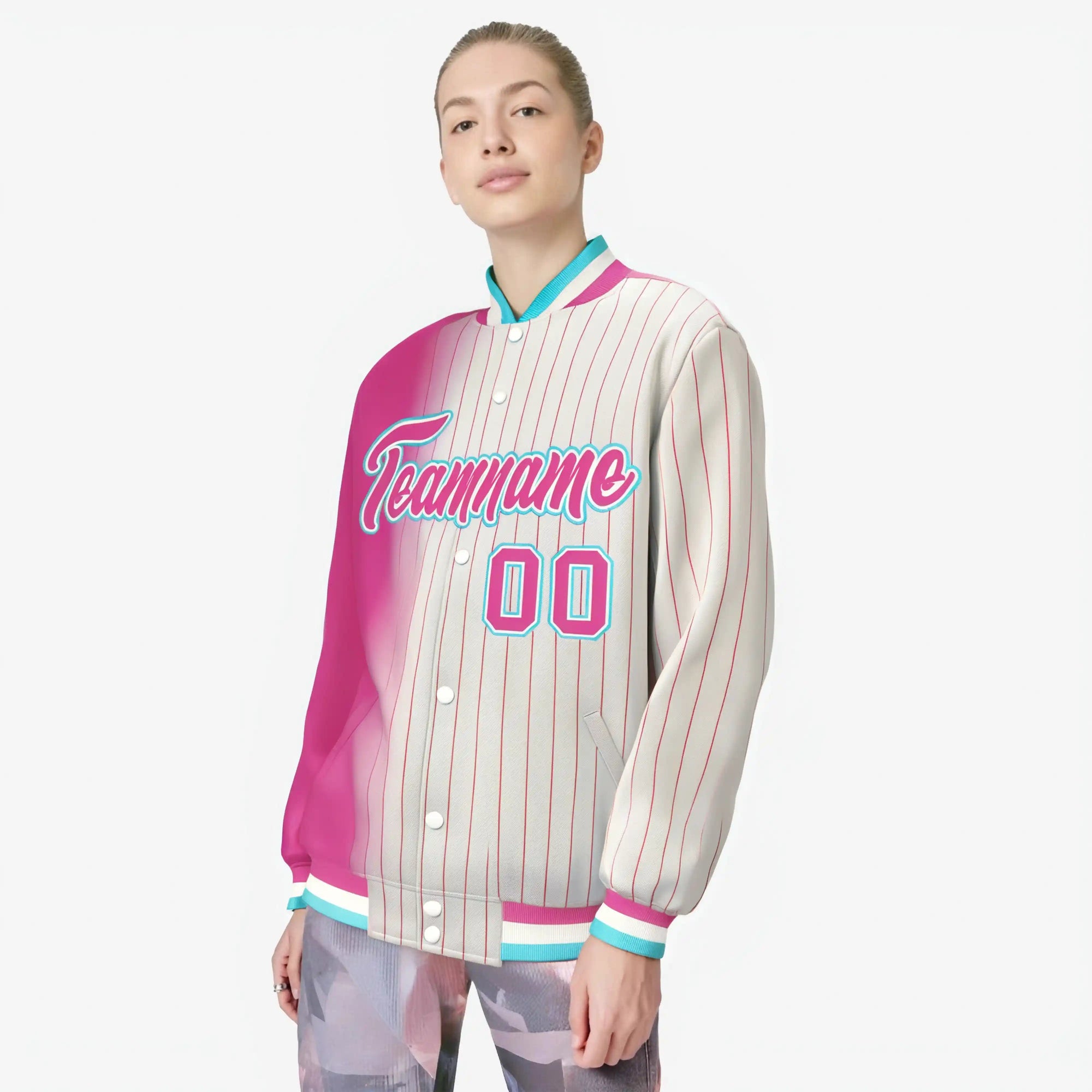 Custom Cream Pink Pinstripe Aqua-Pink Gradient Fashion Varsity Full-Snap Jacket