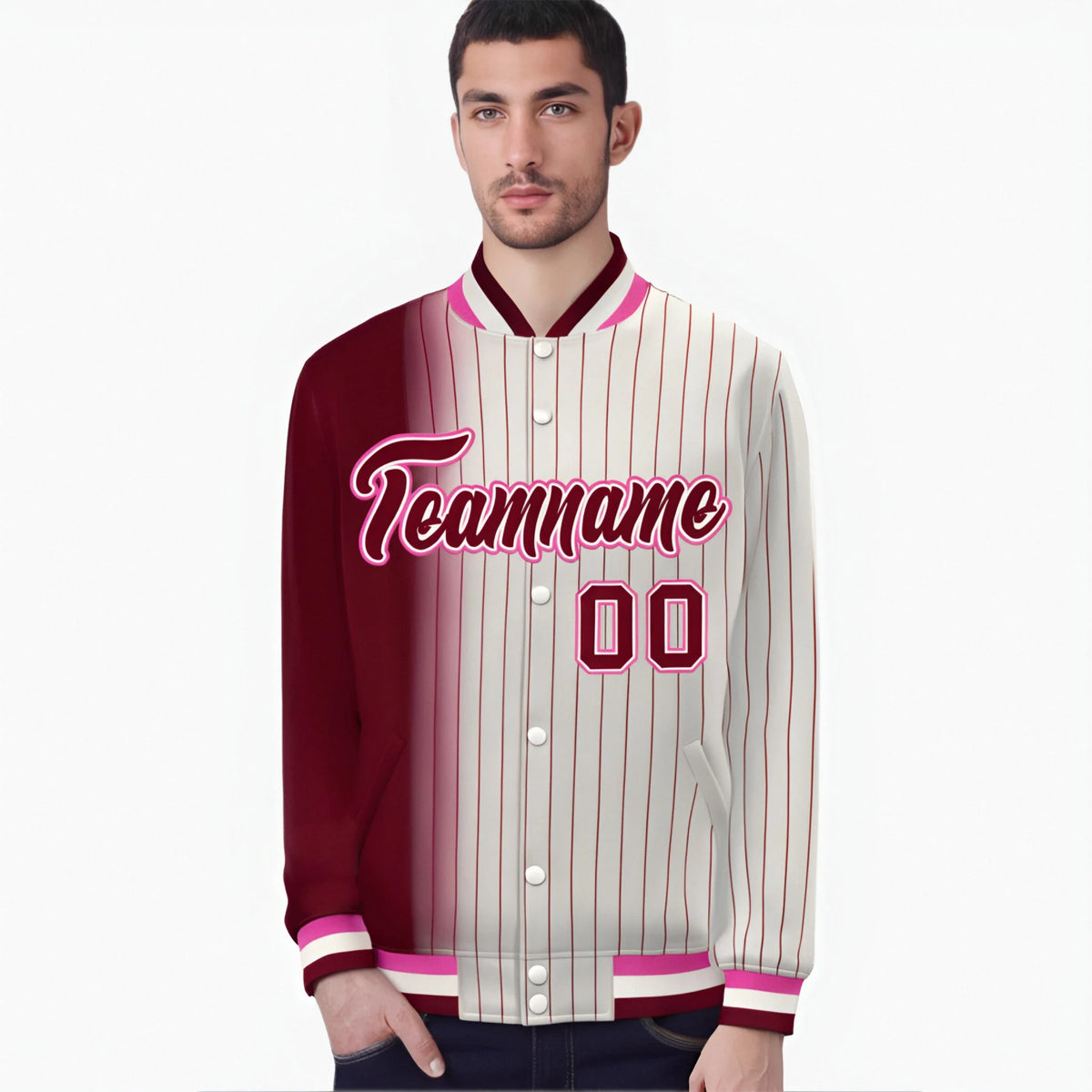 Custom Cream Crimson Pinstripe Pink-Crimson Gradient Fashion Varsity Full-Snap Jacket