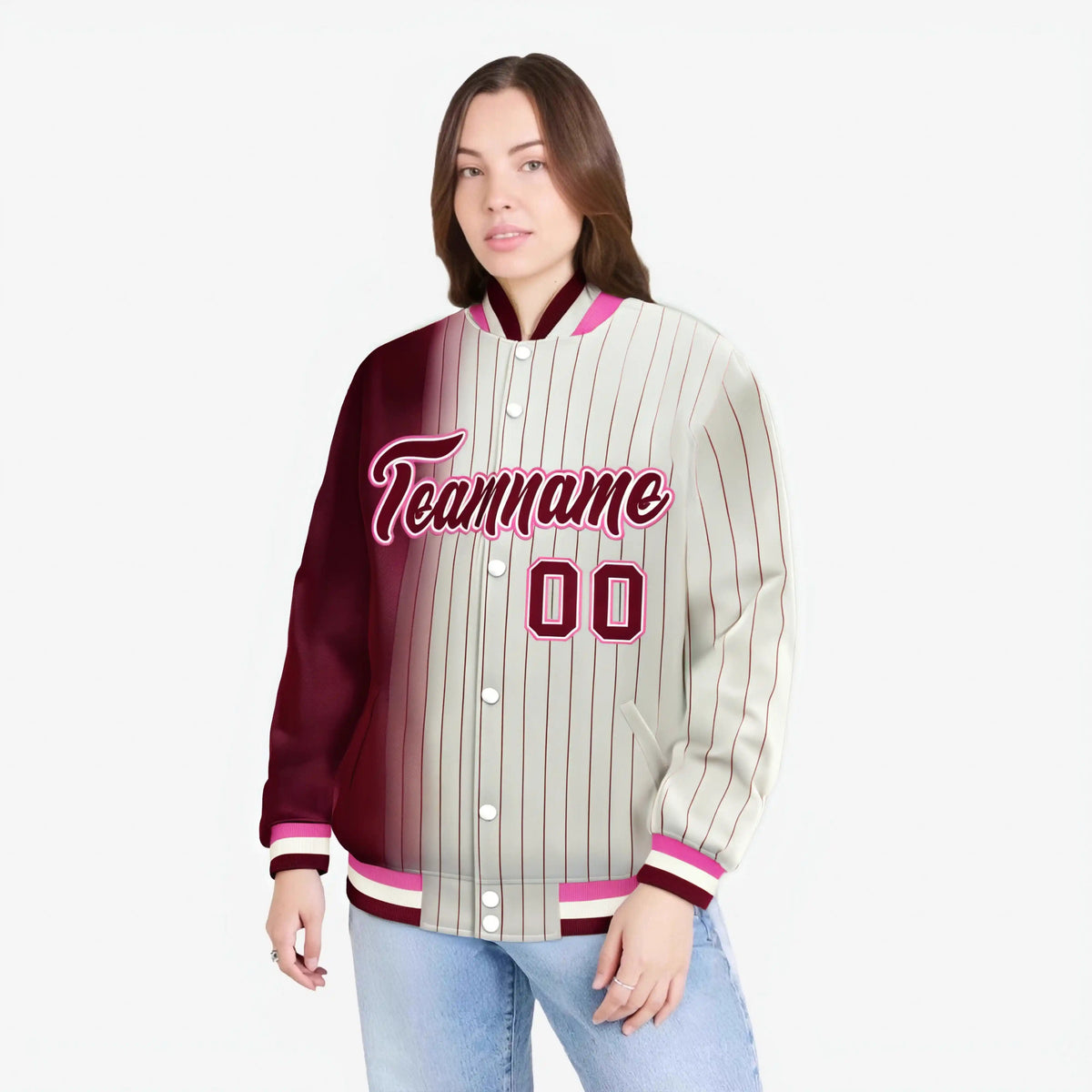 Custom Cream Crimson Pinstripe Pink-Crimson Gradient Fashion Varsity Full-Snap Jacket