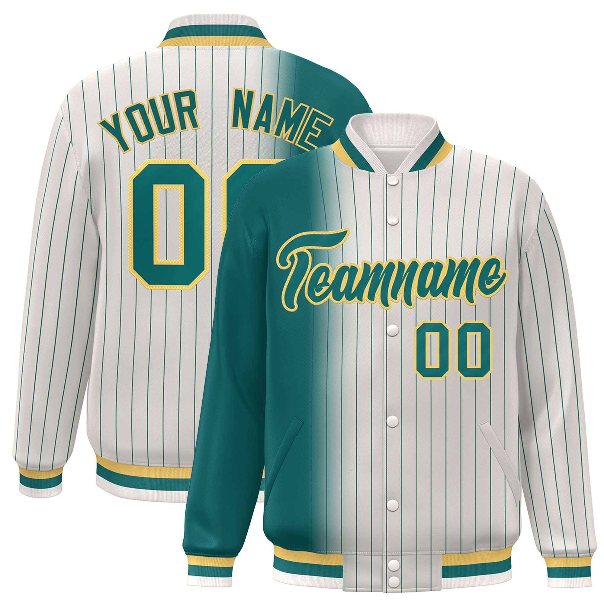 Custom Cream Aqua Pinstripe Gold-Aqua Gradient Fashion Varsity Full-Snap Jacket