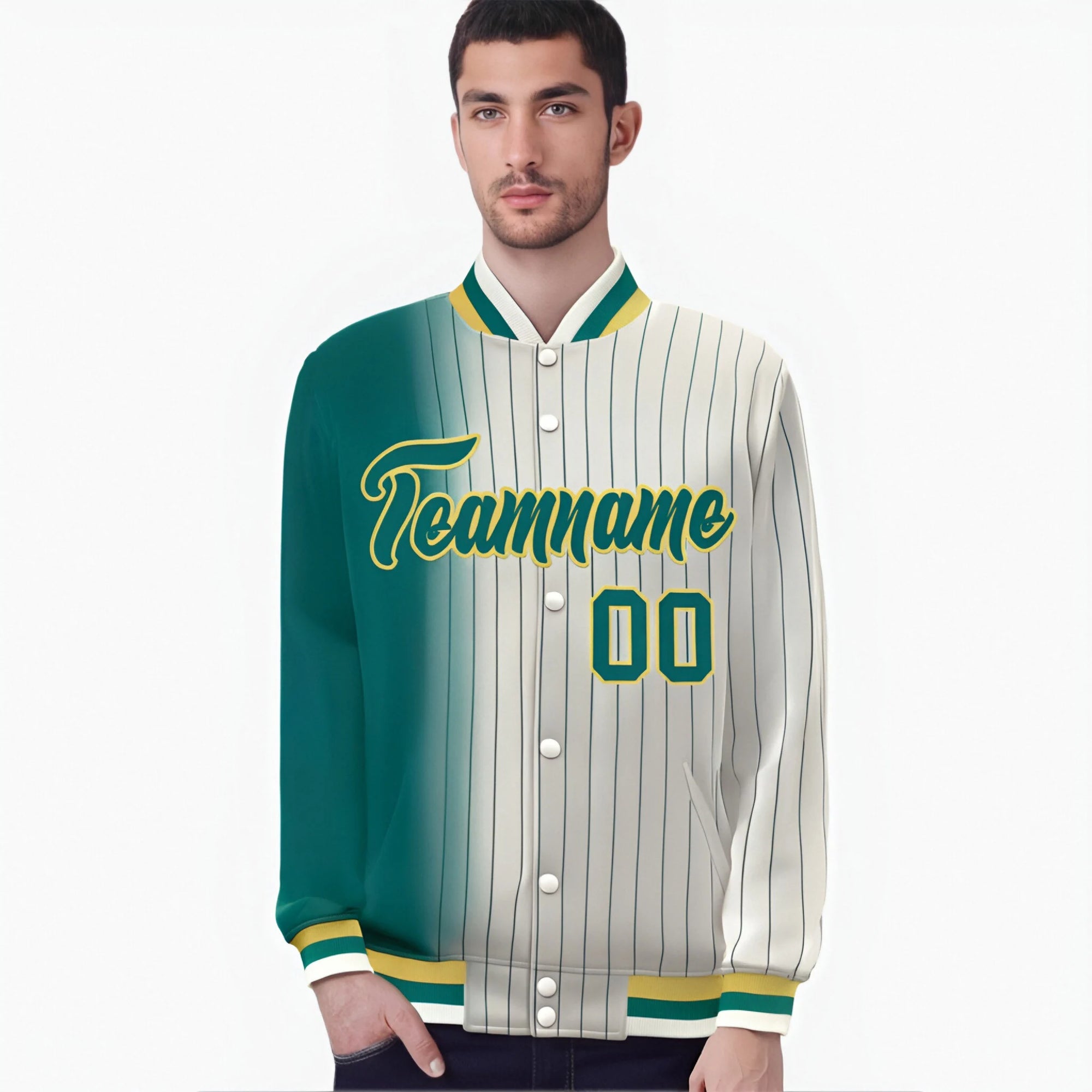 Custom Cream Aqua Pinstripe Gold-Aqua Gradient Fashion Varsity Full-Snap Jacket