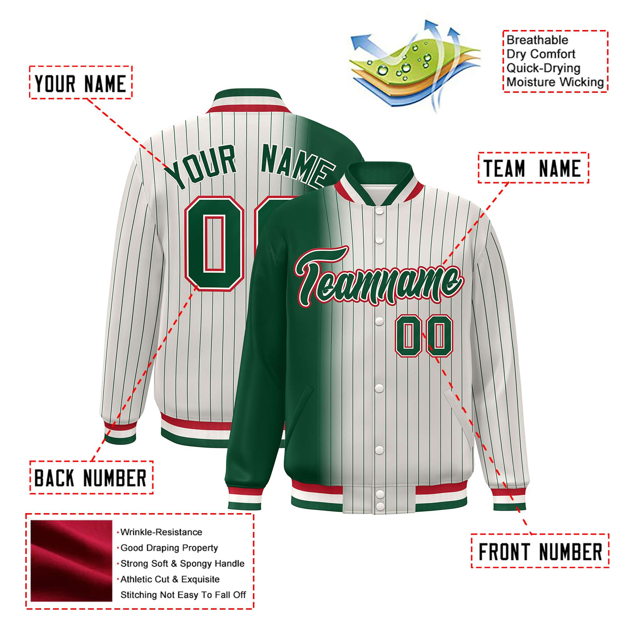 Custom Cream Green Pinstripe Red-Green Gradient Fashion Varsity Full-Snap Jacket