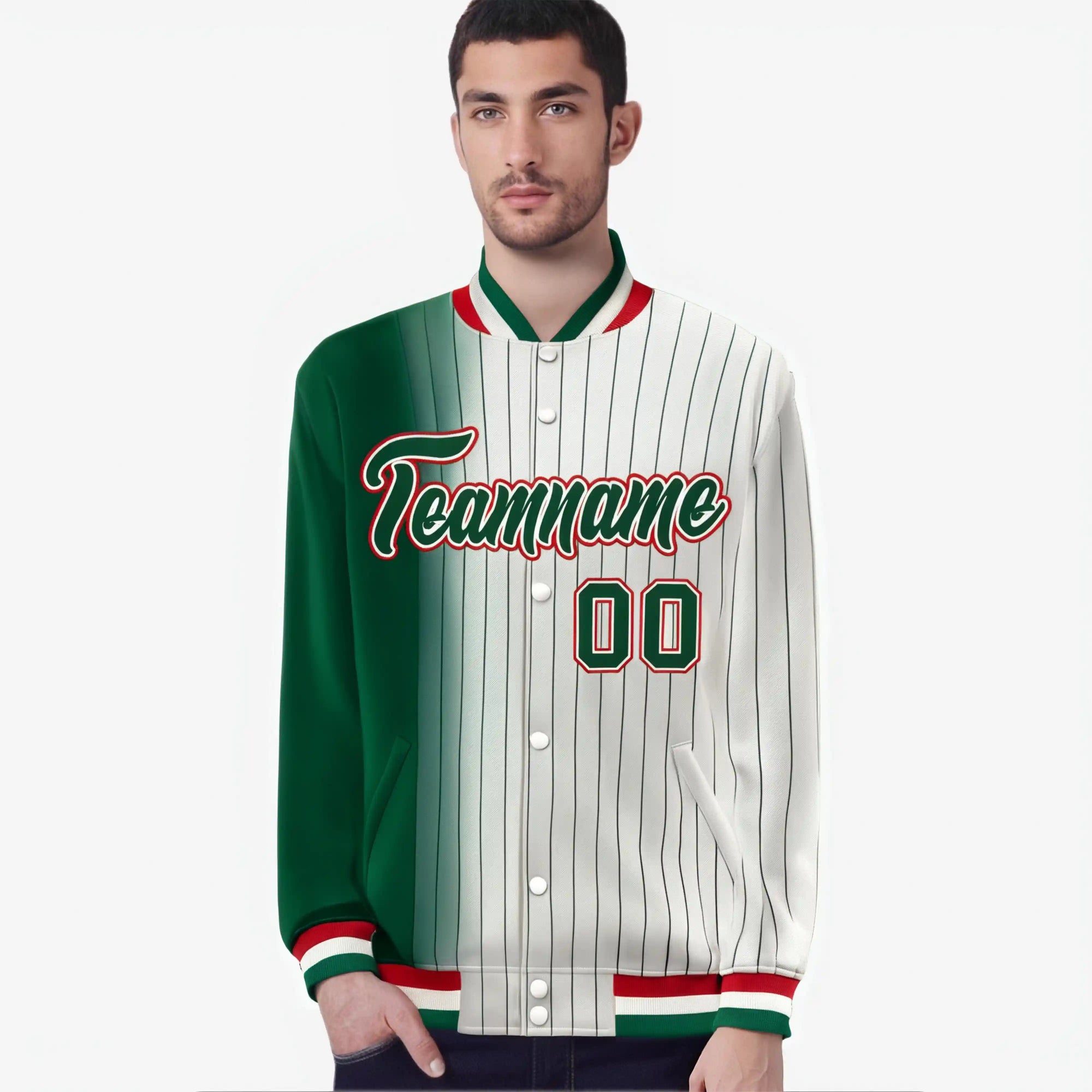 Custom Cream Green Pinstripe Red-Green Gradient Fashion Varsity Full-Snap Jacket