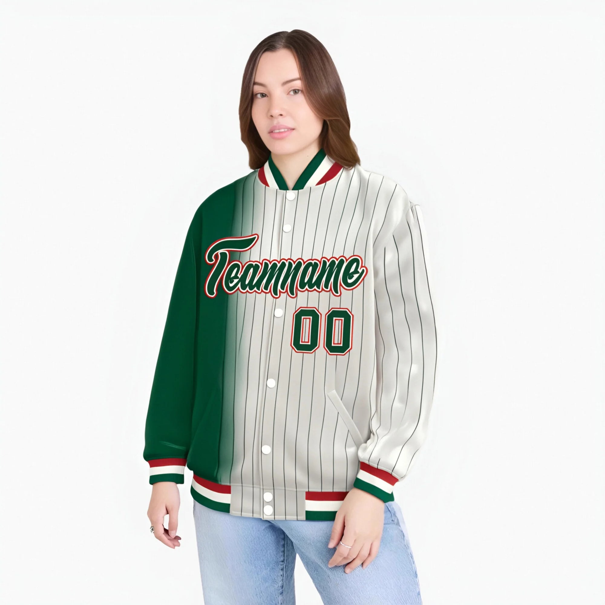 Custom Cream Green Pinstripe Red-Green Gradient Fashion Varsity Full-Snap Jacket