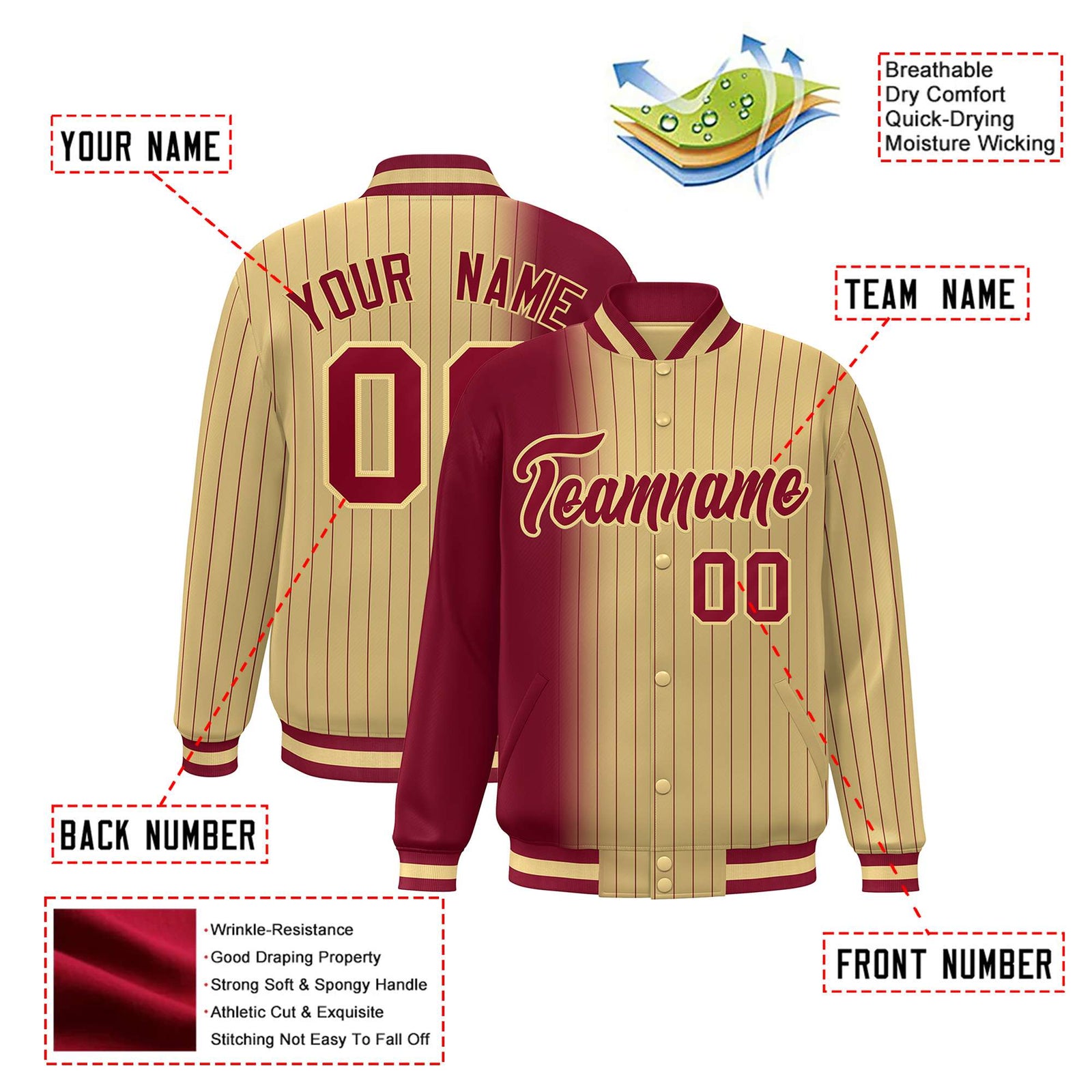 Custom Old Gold Crimson Pinstripe Old Gold-Crimson Gradient Fashion Varsity Full-Snap Jacket