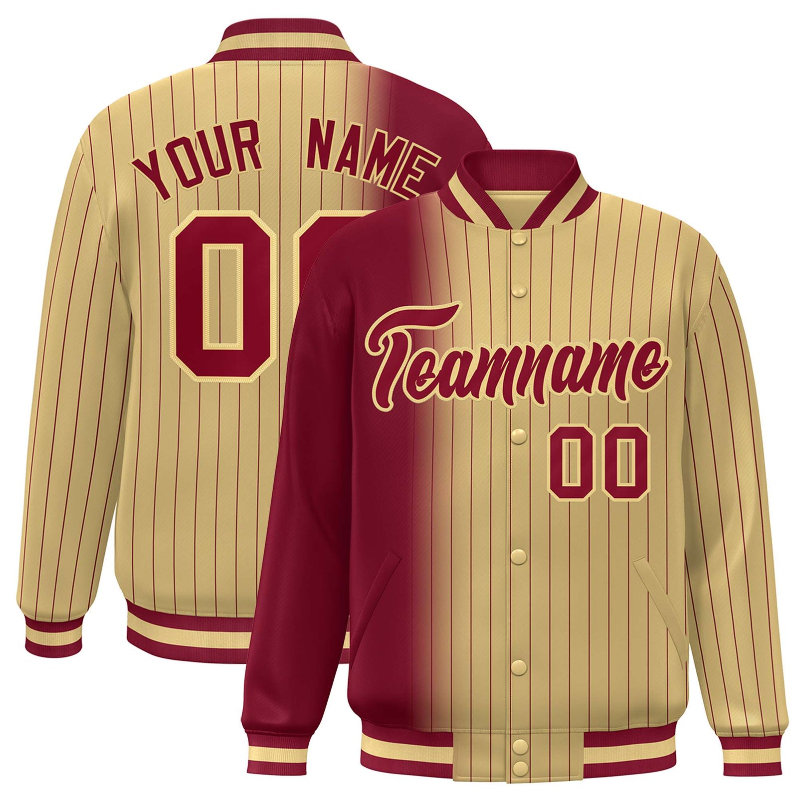 Custom Old Gold Crimson Pinstripe Old Gold-Crimson Gradient Fashion Varsity Full-Snap Jacket