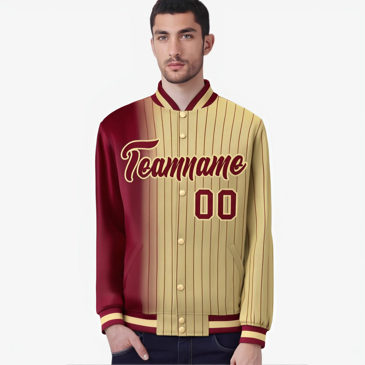 Custom Old Gold Crimson Pinstripe Old Gold-Crimson Gradient Fashion Varsity Full-Snap Jacket