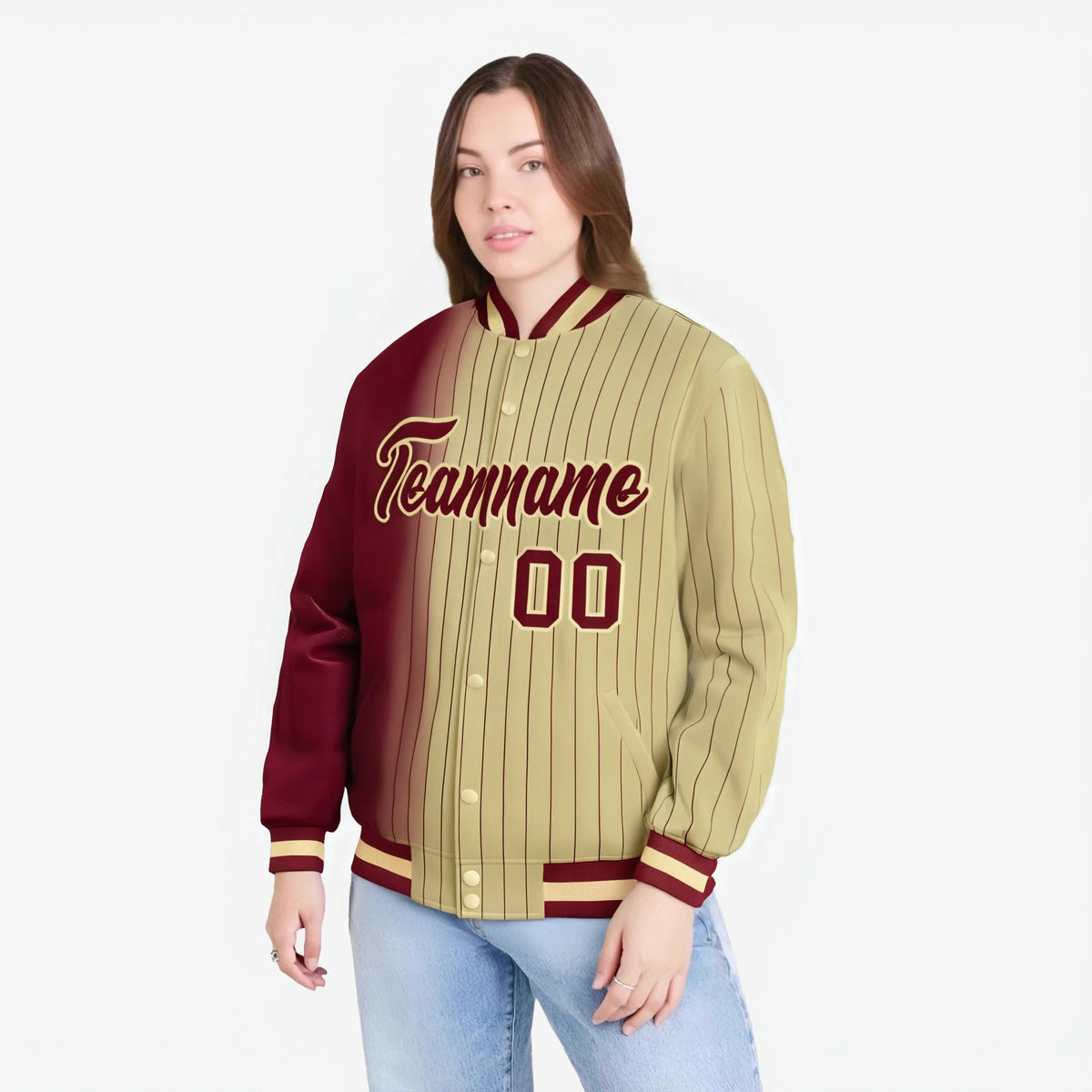 Custom Old Gold Crimson Pinstripe Old Gold-Crimson Gradient Fashion Varsity Full-Snap Jacket