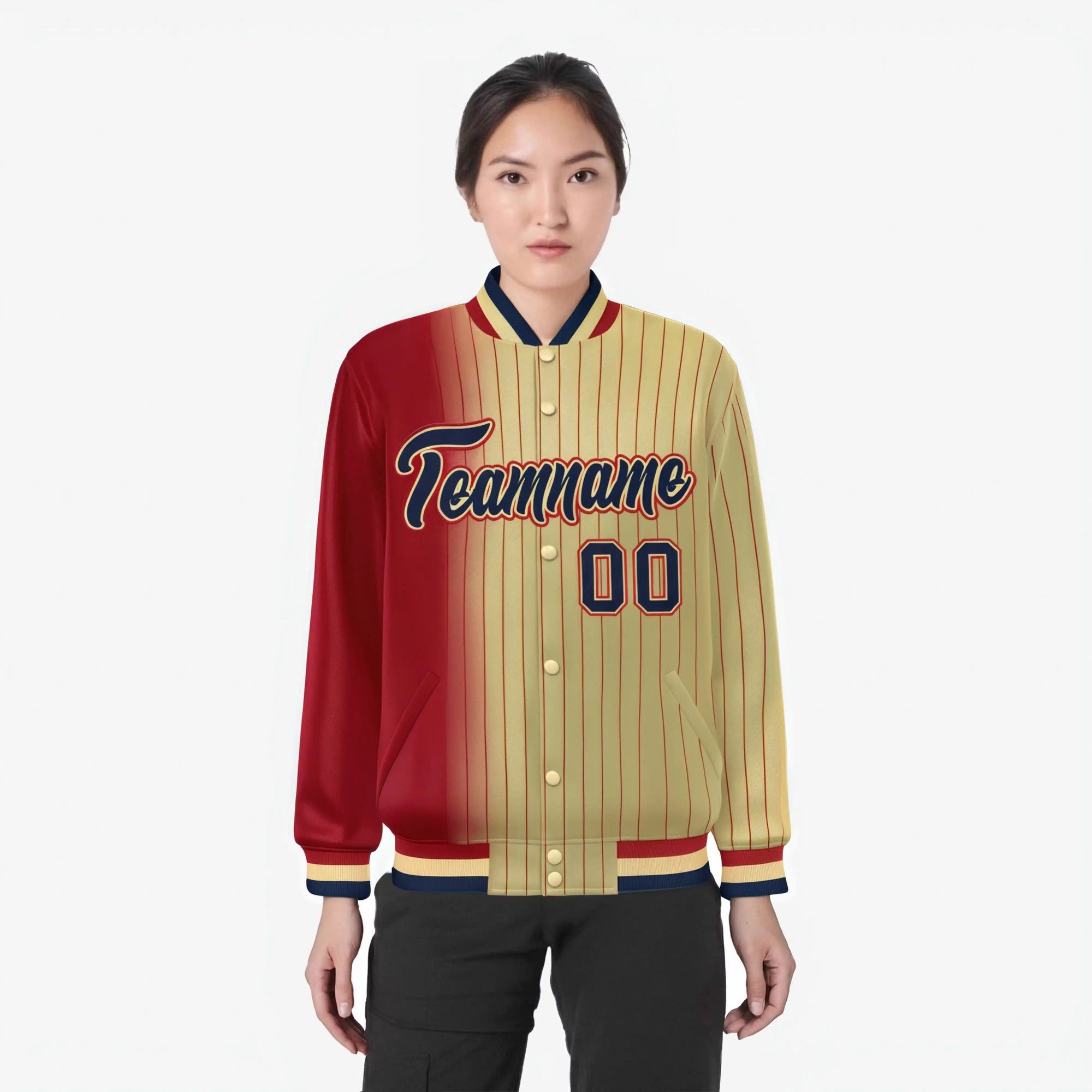 Custom Old Gold Red Pinstripe Navy-Red Gradient Fashion Varsity Full-Snap Jacket