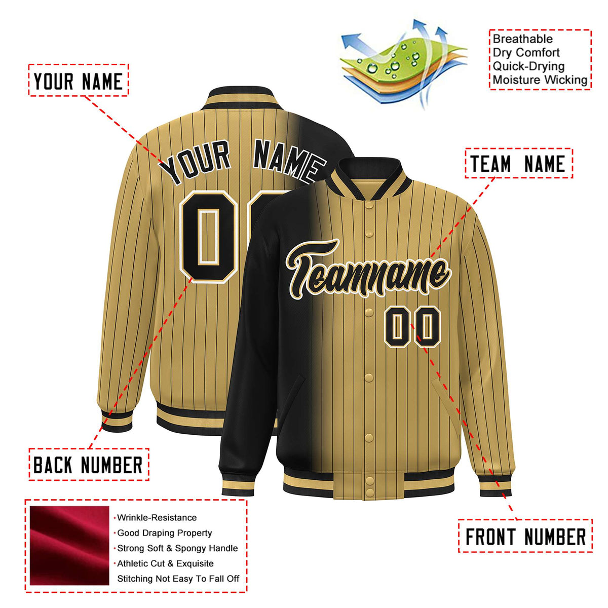 Custom Old Gold Black Pinstripe White-Black Gradient Fashion Varsity Full-Snap Jacket