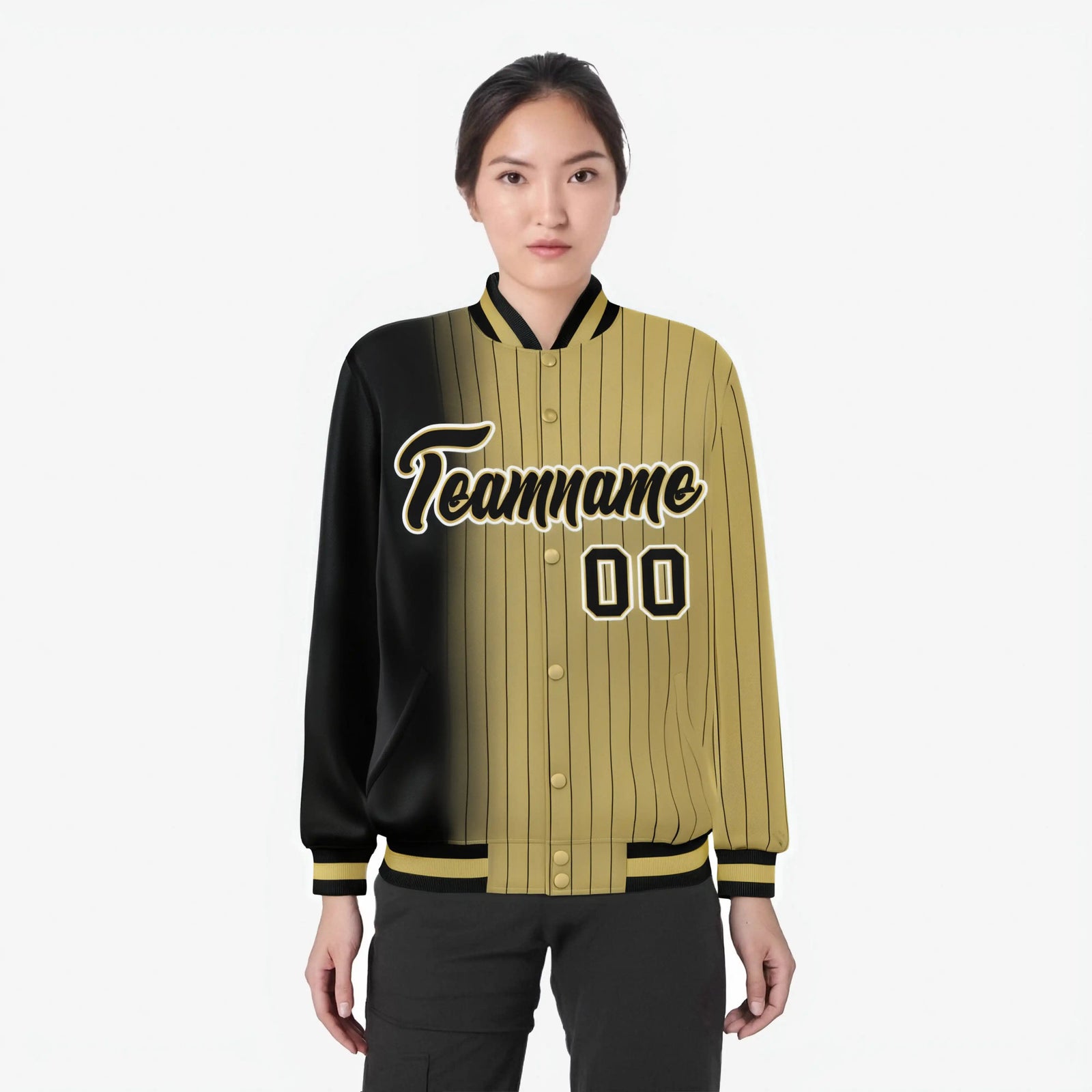 Custom Old Gold Black Pinstripe White-Black Gradient Fashion Varsity Full-Snap Jacket