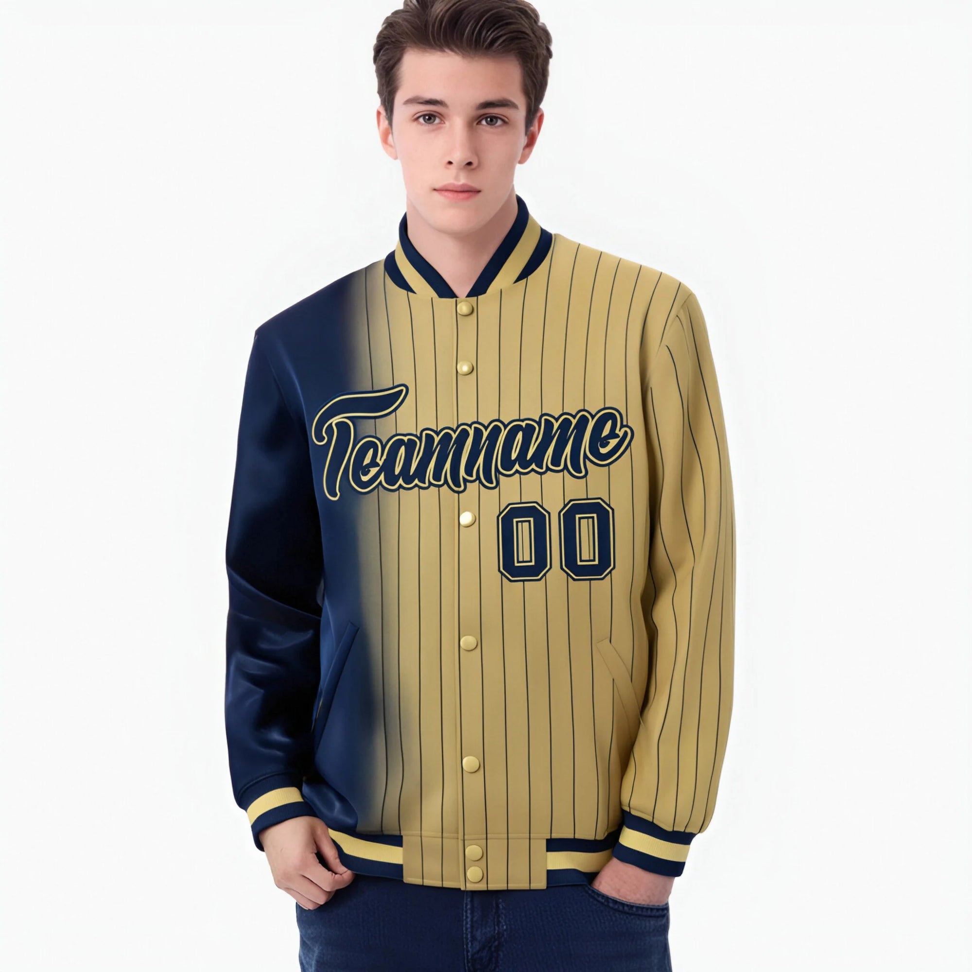 Custom Old Gold Navy Pinstripe Old Gold-Navy Gradient Fashion Varsity Full-Snap Jacket