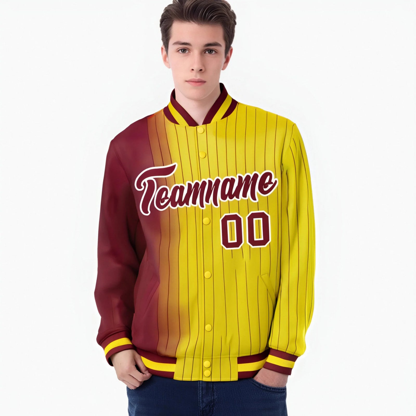 Custom Gold Crimson Pinstripe White-Crimson Gradient Fashion Varsity Full-Snap Jacket