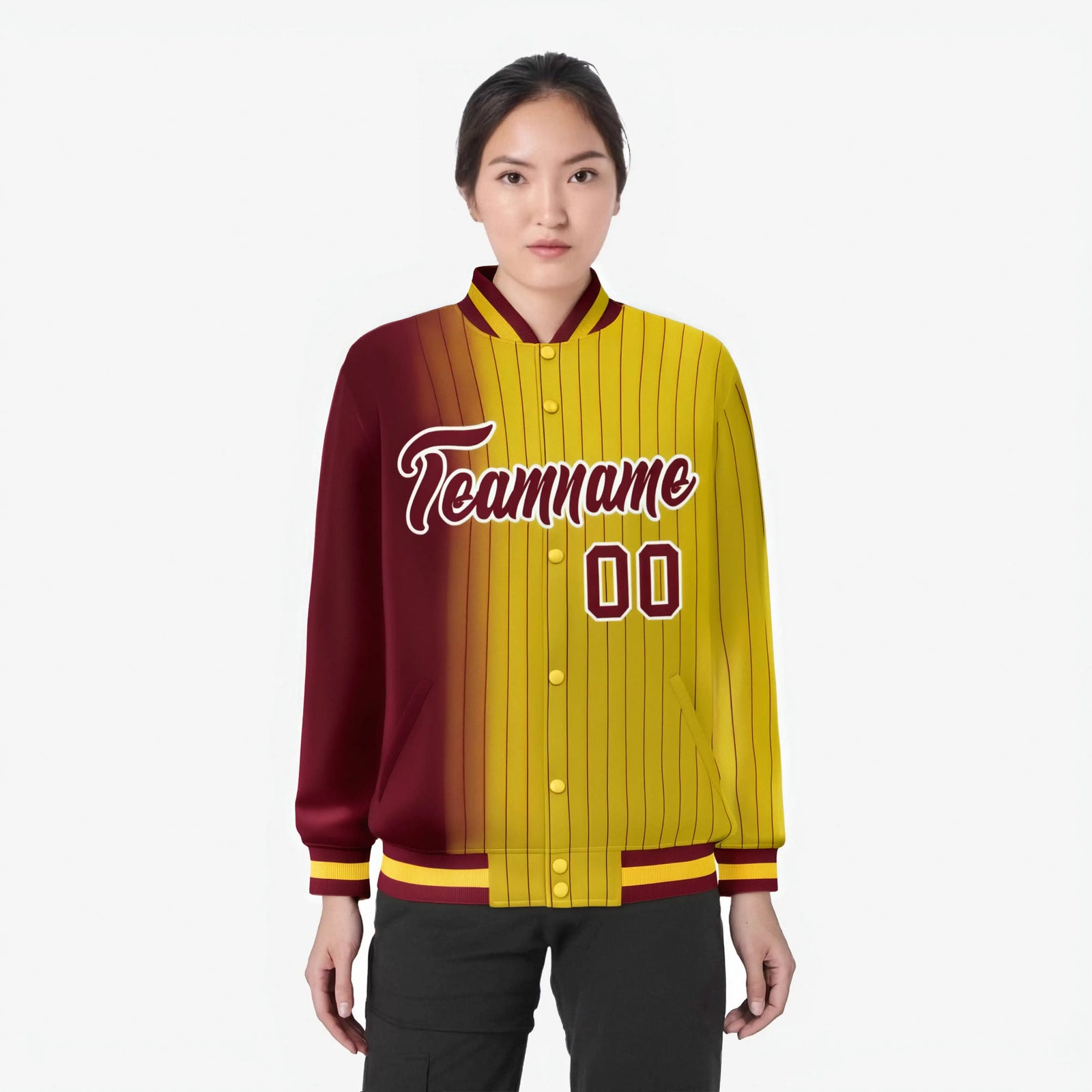 Custom Gold Crimson Pinstripe White-Crimson Gradient Fashion Varsity Full-Snap Jacket