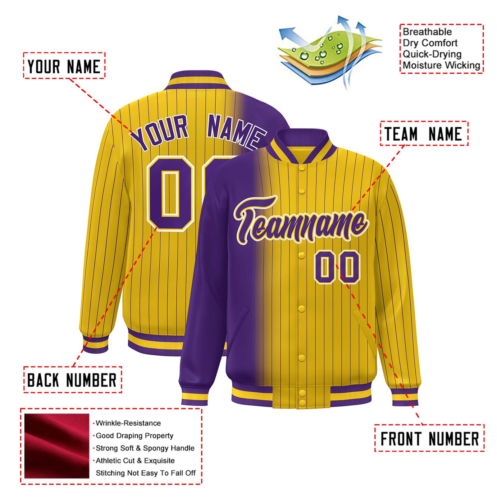Custom Gold Purple Pinstripe White-Purple Gradient Fashion Varsity Full-Snap Jacket