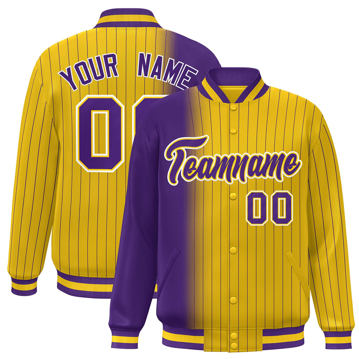 Custom Gold Purple Pinstripe White-Purple Gradient Fashion Varsity Full-Snap Jacket