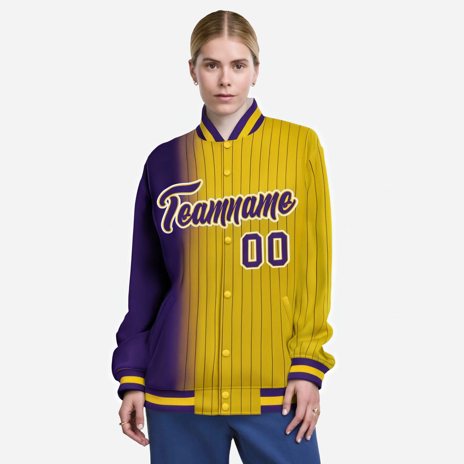 Custom Gold Purple Pinstripe White-Purple Gradient Fashion Varsity Full-Snap Jacket