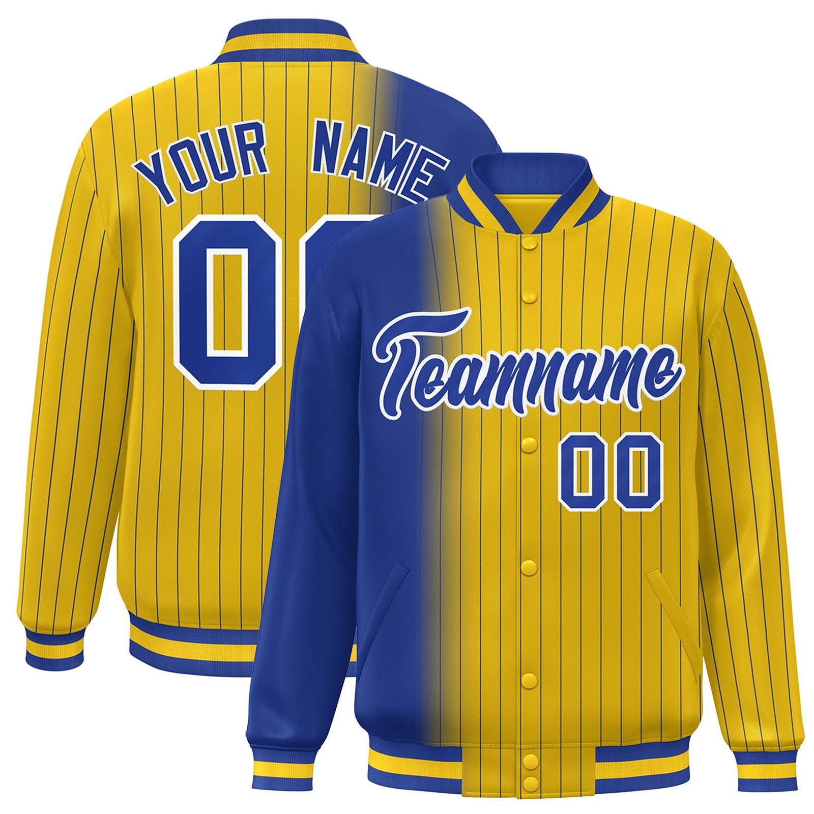 Custom Gold Royal-Blue Pinstripe White-Royal Blue Gradient Fashion Varsity Full-Snap Jacket