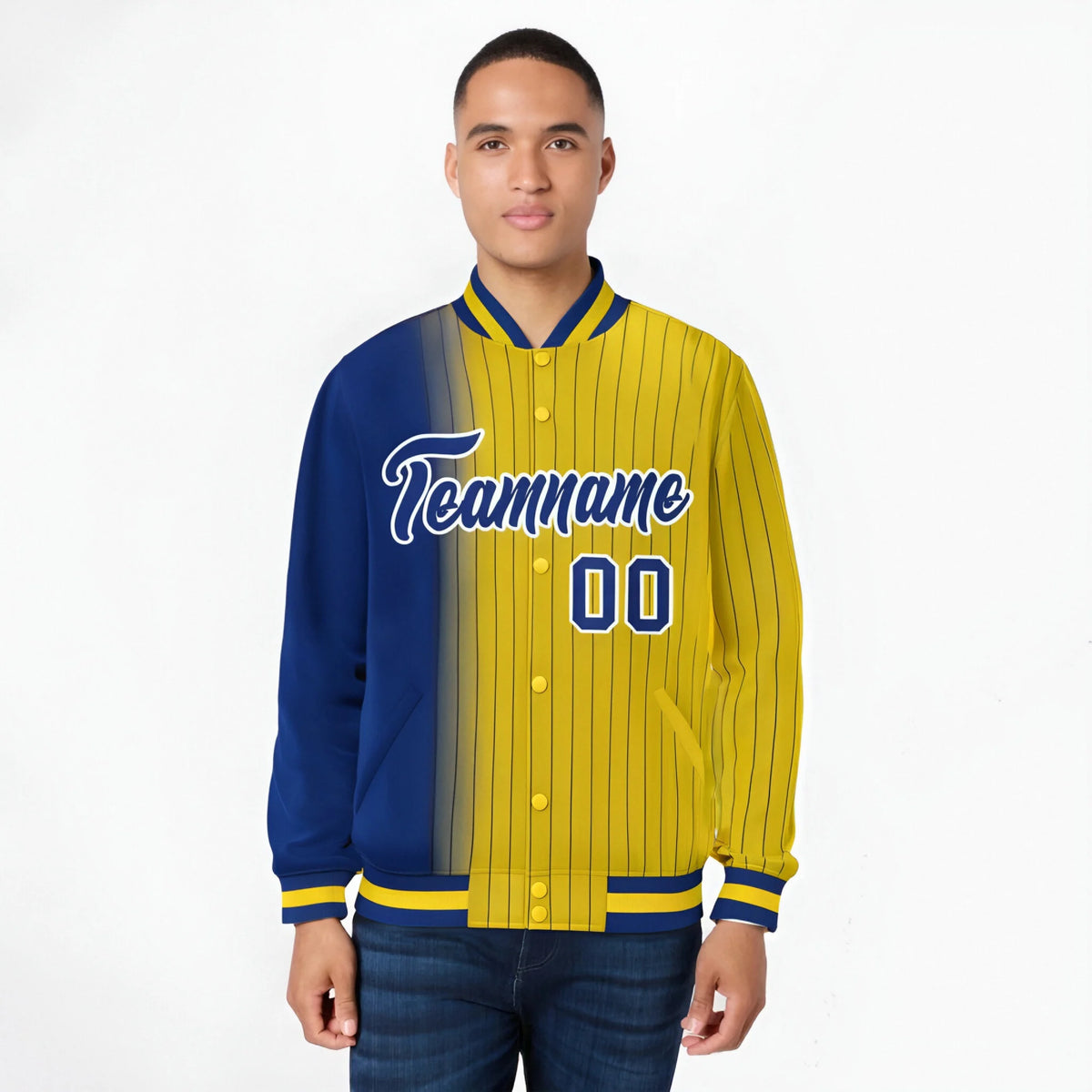 Custom Gold Royal-Blue Pinstripe White-Royal Blue Gradient Fashion Varsity Full-Snap Jacket