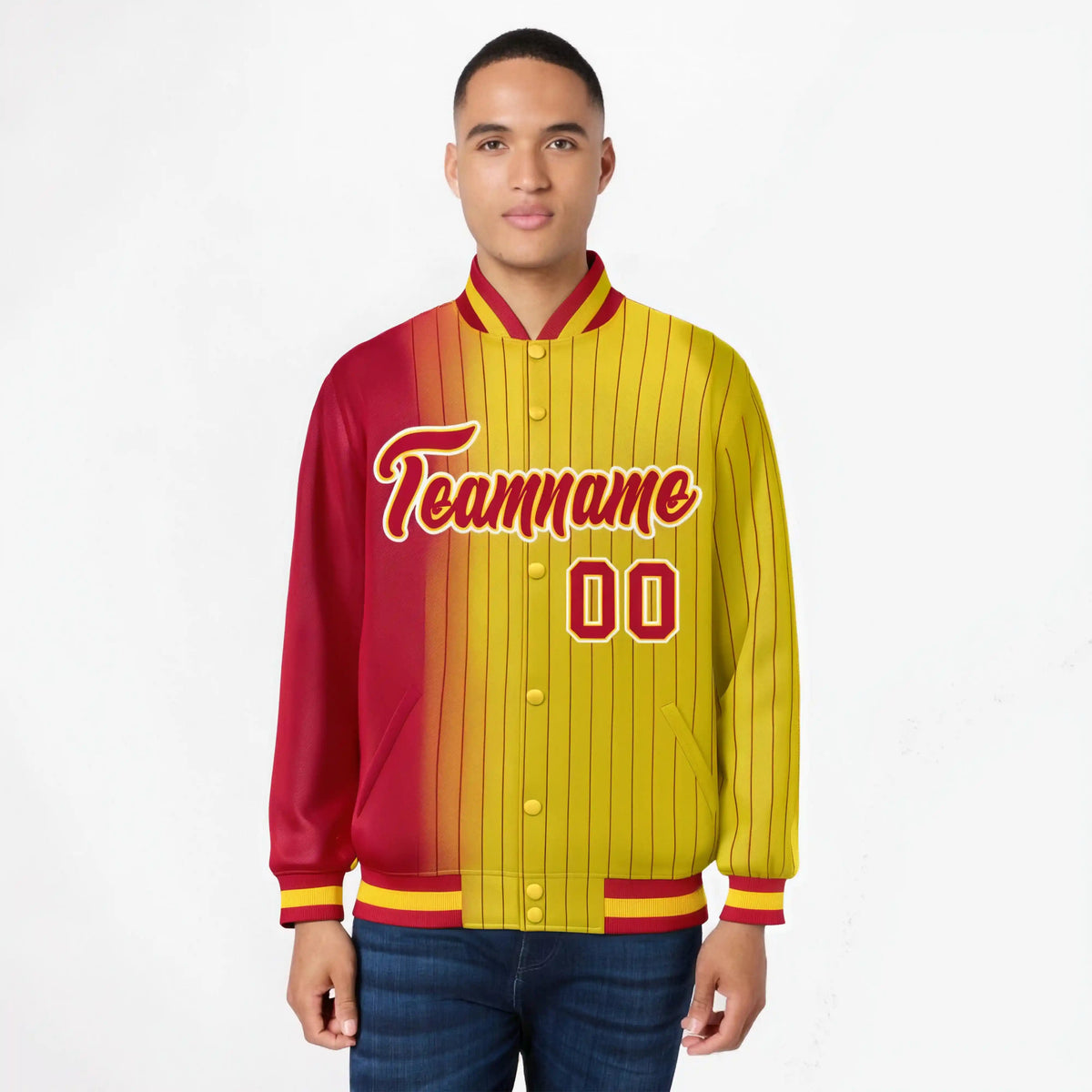 Custom Gold Red Pinstripe White-Red Gradient Fashion Varsity Full-Snap Jacket