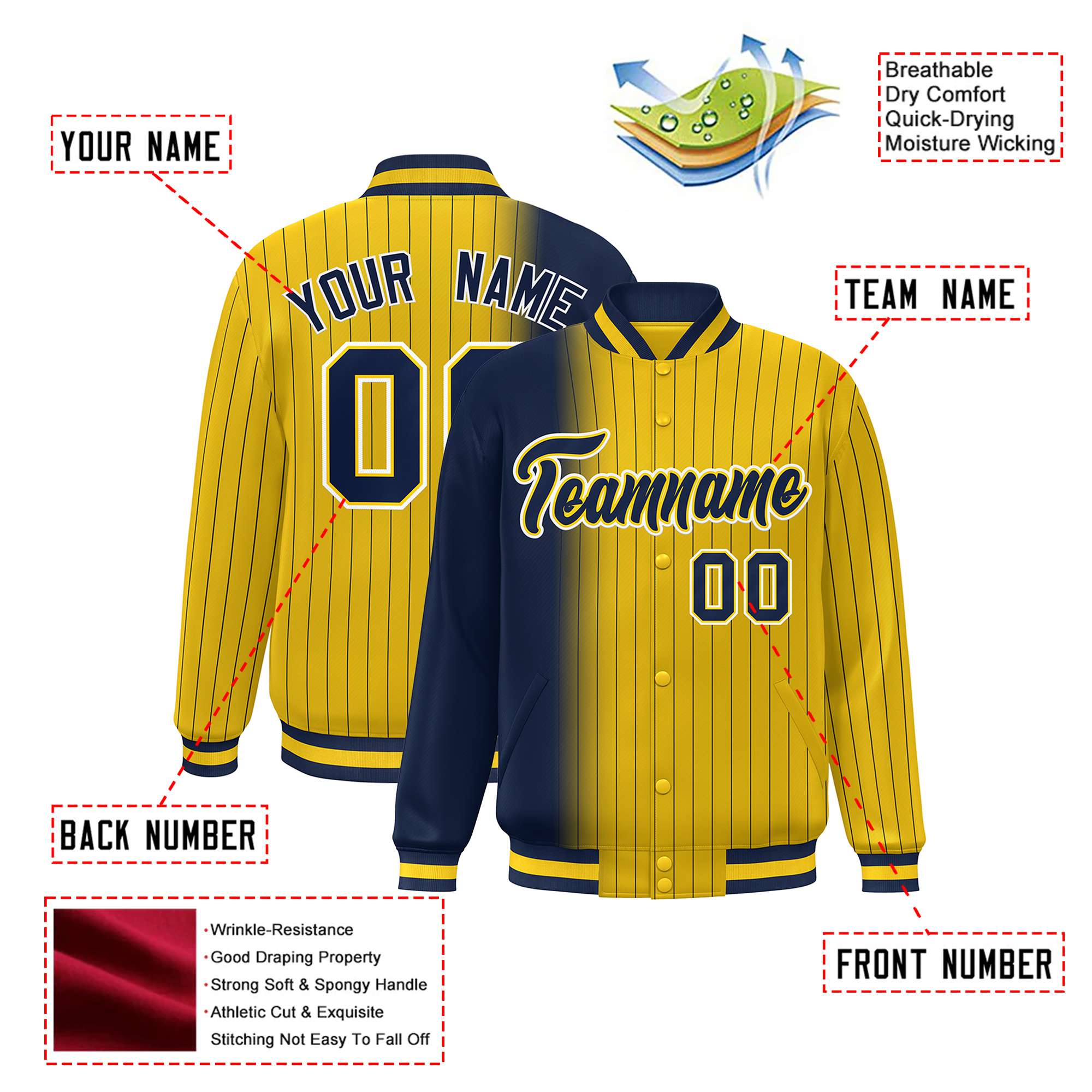 Custom Gold Navy Pinstripe White-Navy Gradient Fashion Varsity Full-Snap Jacket