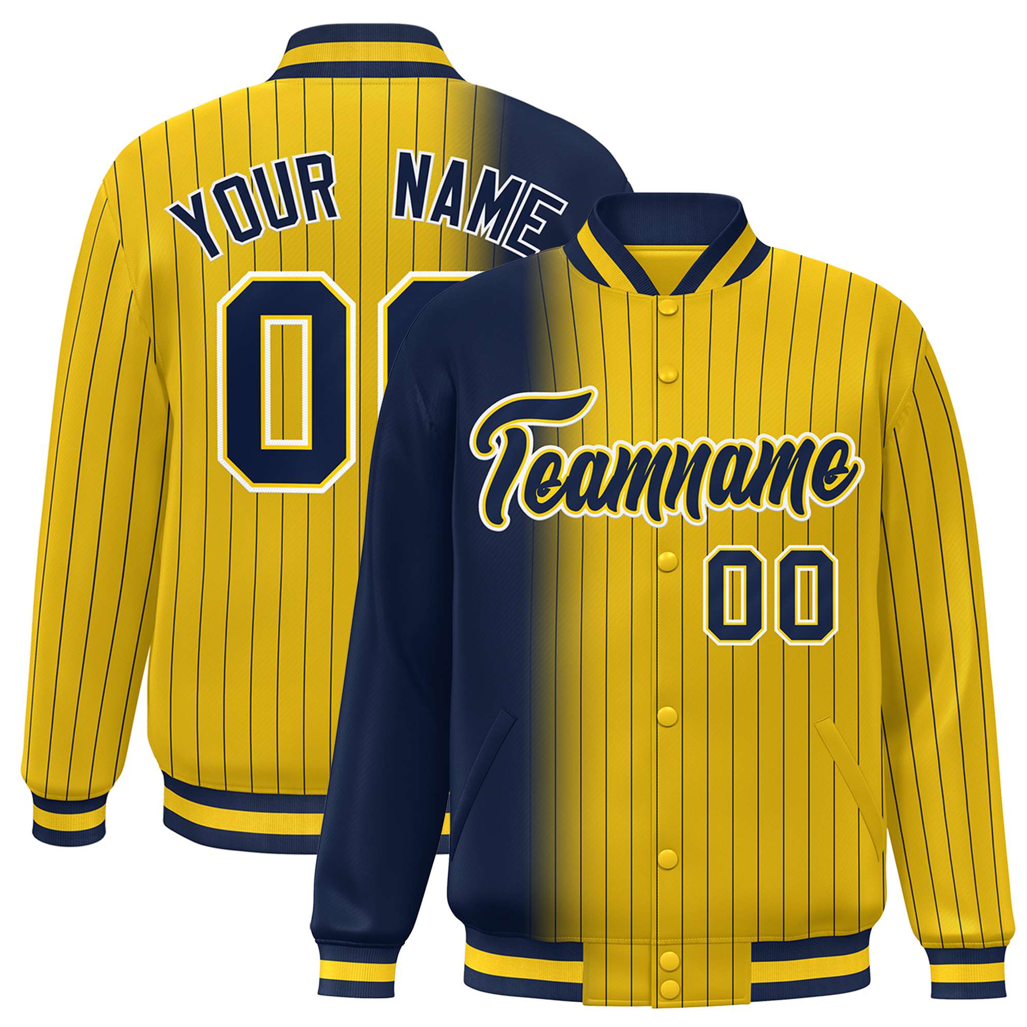 Custom Gold Navy Pinstripe White-Navy Gradient Fashion Varsity Full-Snap Jacket