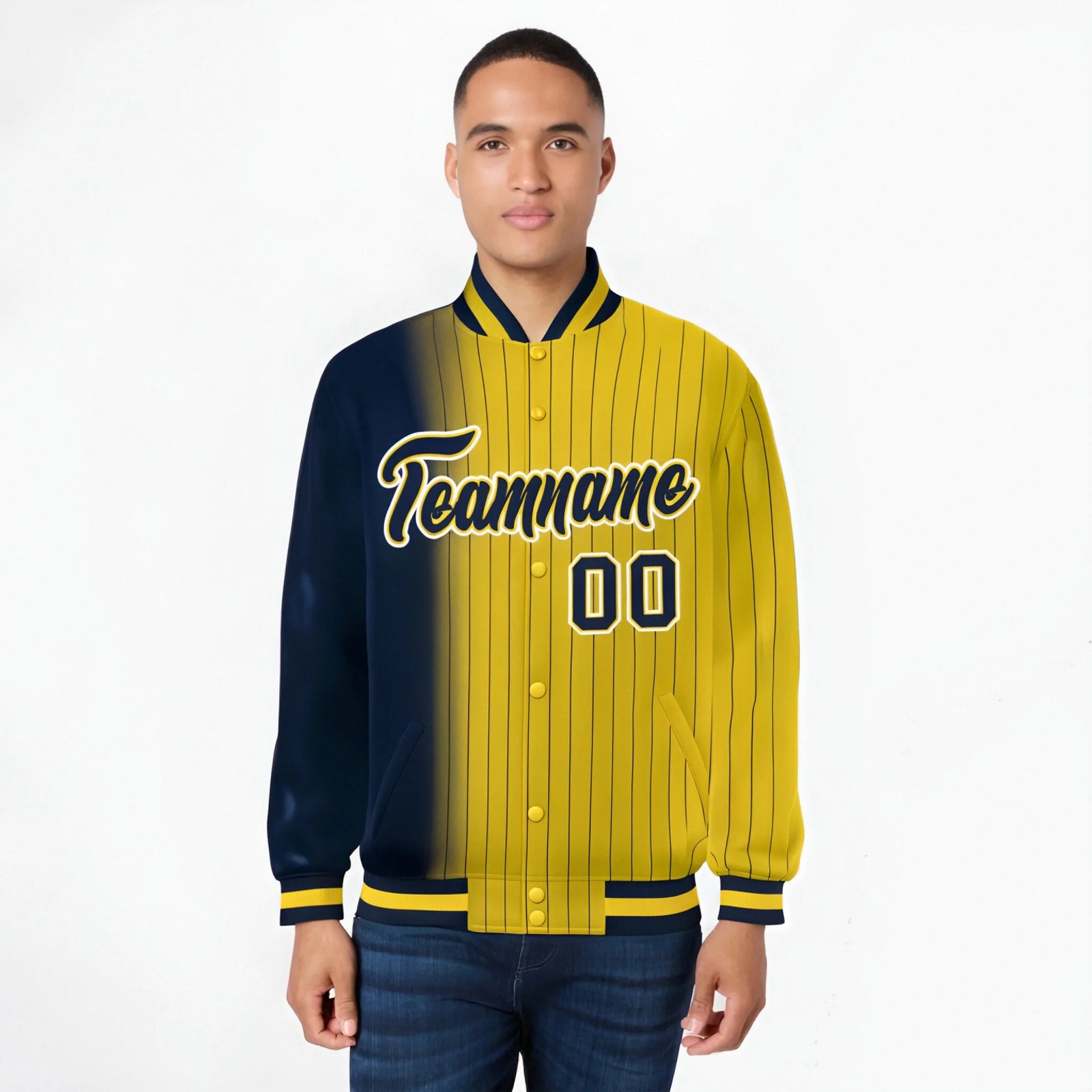 Custom Gold Navy Pinstripe White-Navy Gradient Fashion Varsity Full-Snap Jacket