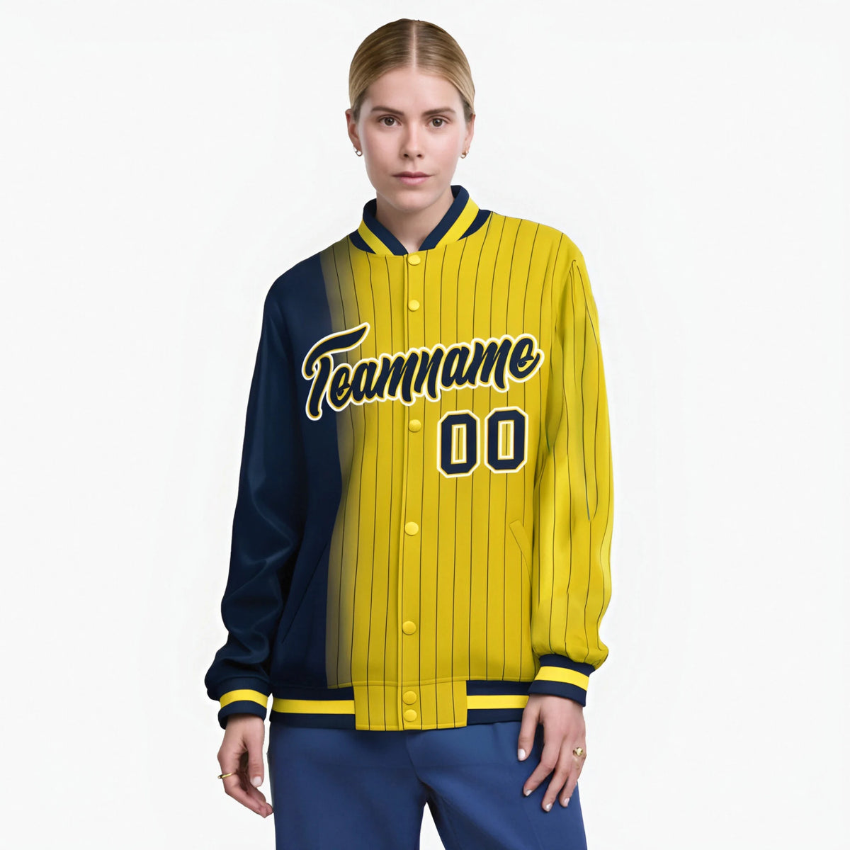 Custom Gold Navy Pinstripe White-Navy Gradient Fashion Varsity Full-Snap Jacket