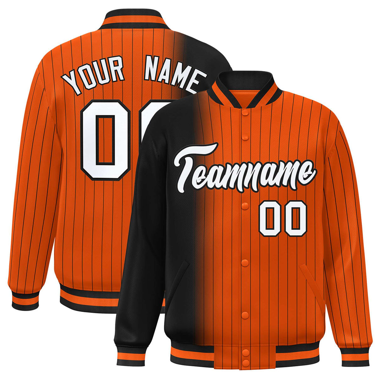 Custom Orange Black Pinstripe White-Black Gradient Fashion Varsity Full-Snap Jacket