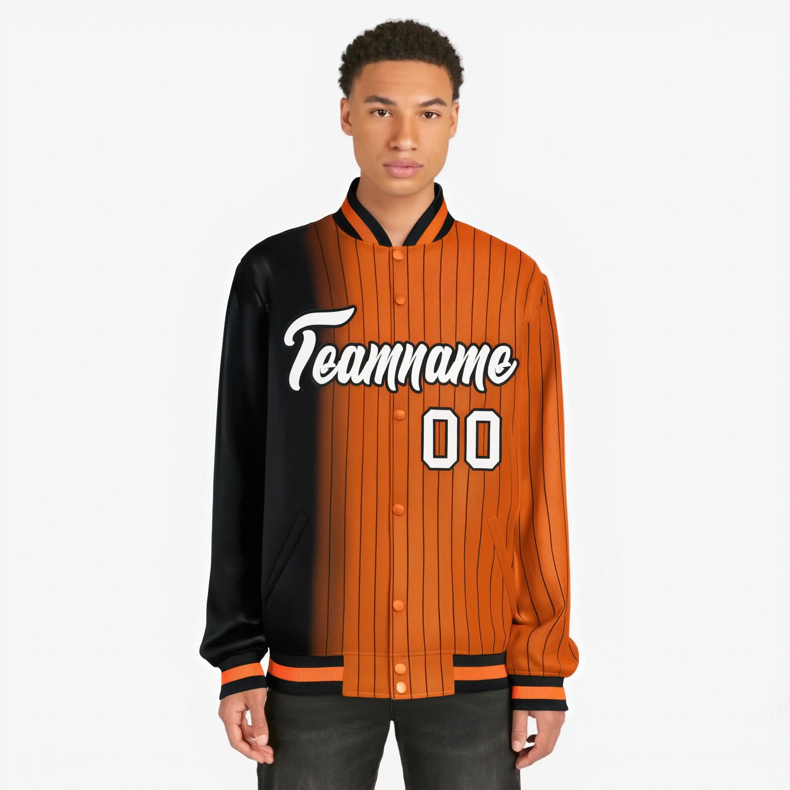 Custom Orange Black Pinstripe White-Black Gradient Fashion Varsity Full-Snap Jacket