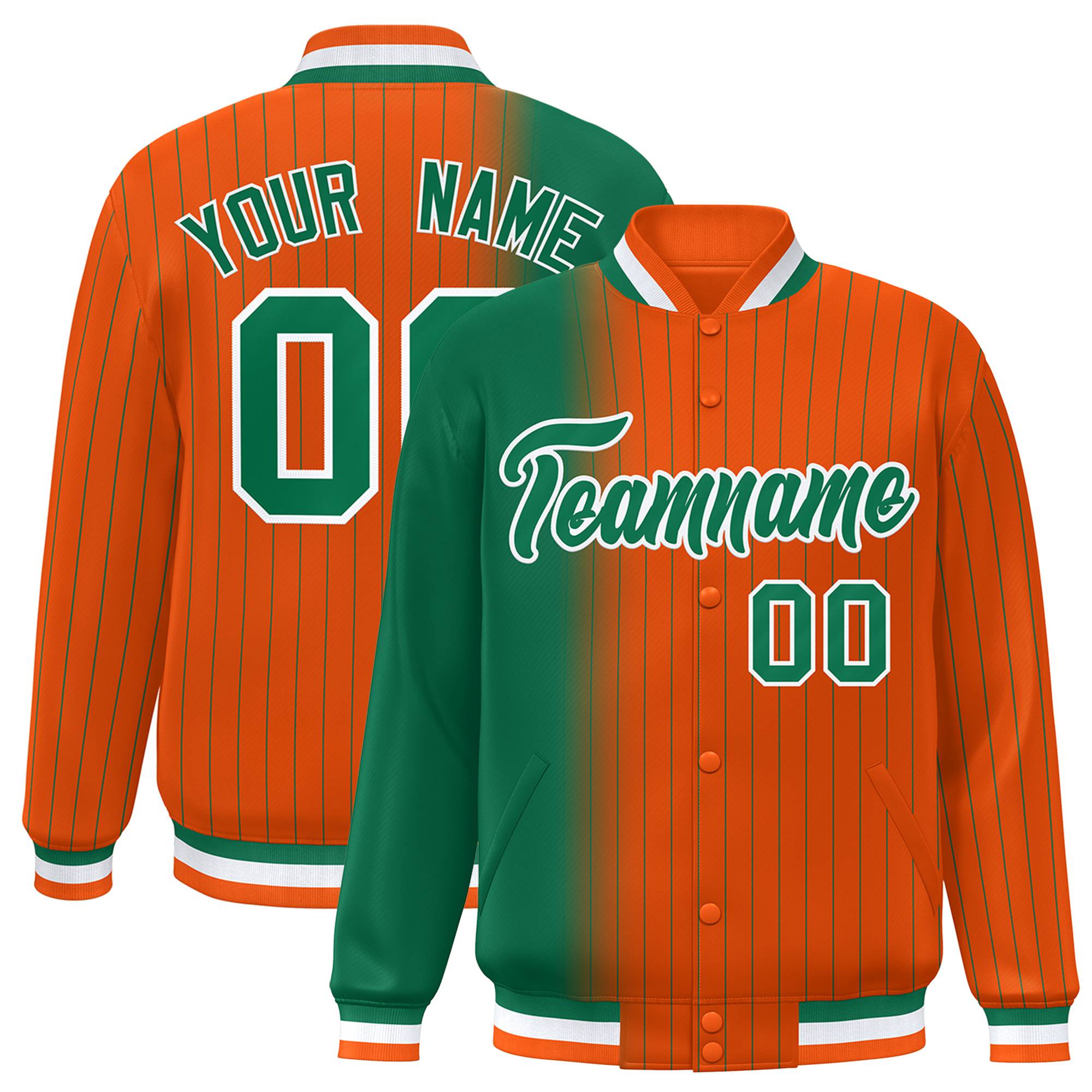 Custom Orange Kelly Green Pinstripe White-Kelly Green Gradient Fashion Varsity Full-Snap Jacket